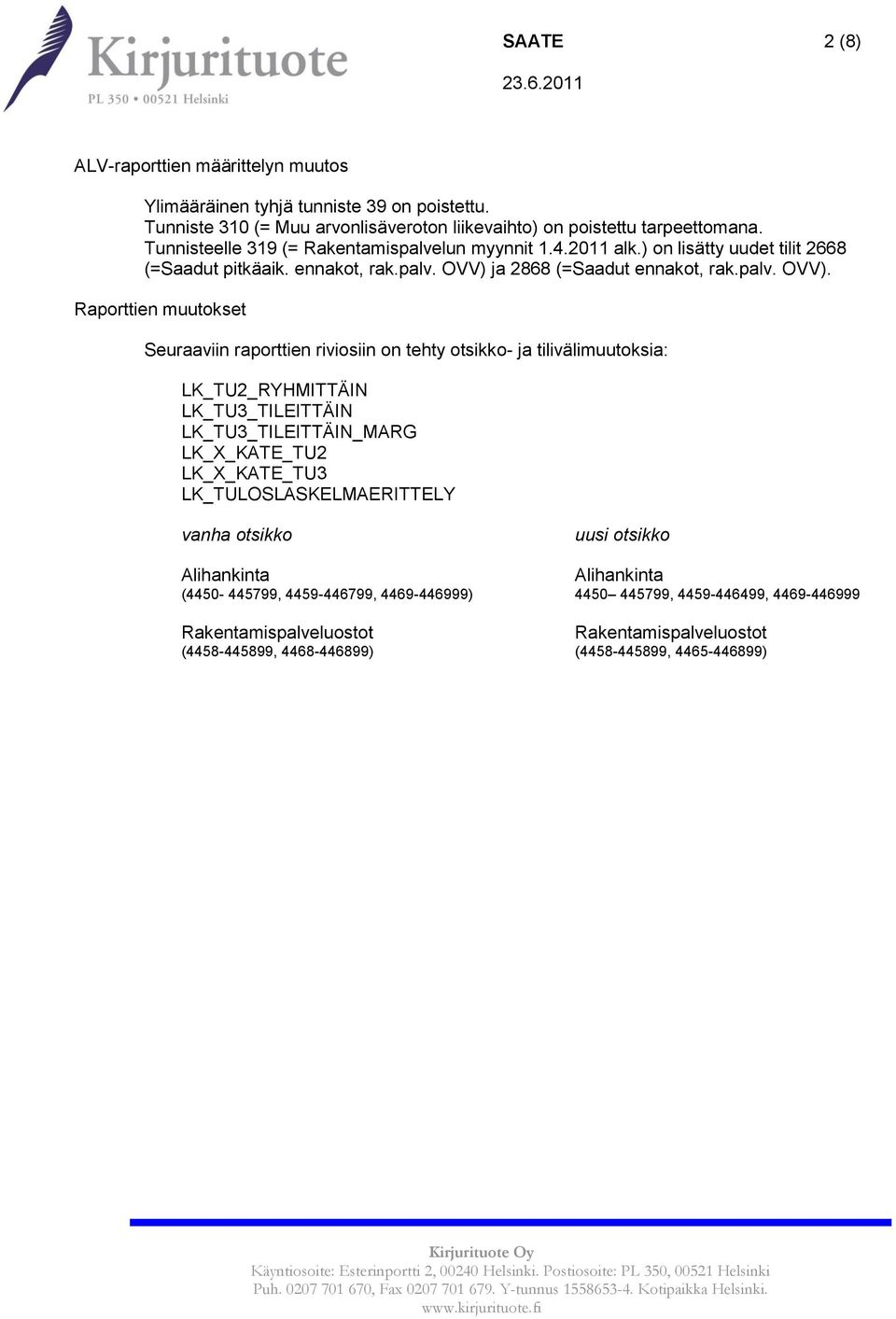 ja 2868 (=Saadut ennakot, rak.palv. OVV).