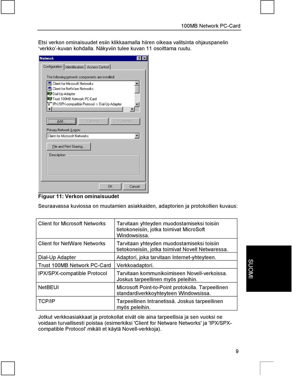 Network PC-Card IPX/SPX-compatible Protocol NetBEUI TCP/IP Tarvitaan yhteyden muodostamiseksi toisiin tietokoneisiin, jotka toimivat MicroSoft Windowsissa.