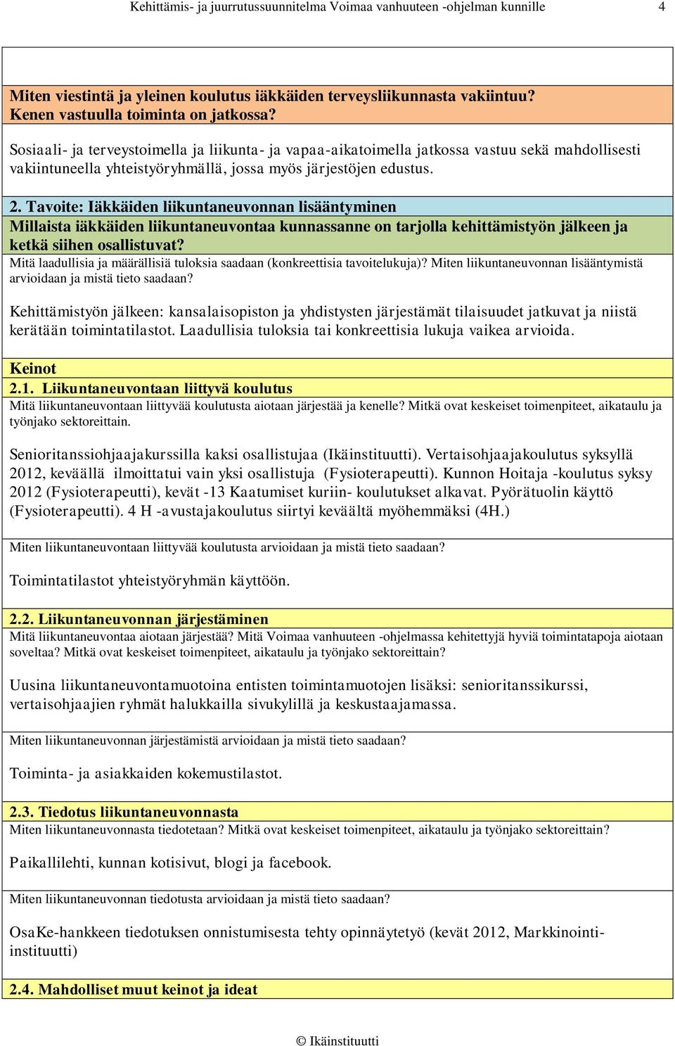 Tavoite: Iäkkäiden liikuntaneuvonnan lisääntyminen Millaista iäkkäiden liikuntaneuvontaa kunnassanne on tarjolla kehittämistyön jälkeen ja ketkä siihen osallistuvat?