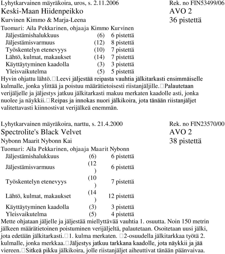 pistettä Työskentelyn etenevyys (10) 7 pistettä Lähtö, kulmat, makaukset (14) 7 pistettä Yleisvaikutelma (5) 5 pistettä Hyvin ohjattu lähtö.