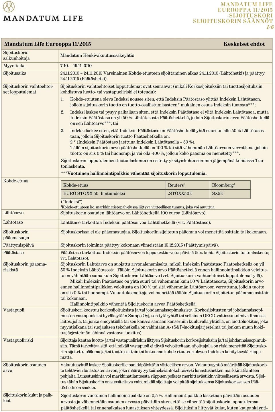 ijoituskorin vaihtoehtoiset lopputulemat ovat seuraavat (mikäli Korkosijoituksiin tai tuottosijoituksiin kohdistuva luotto- tai vastapuoliriski ei toteudu): 1.