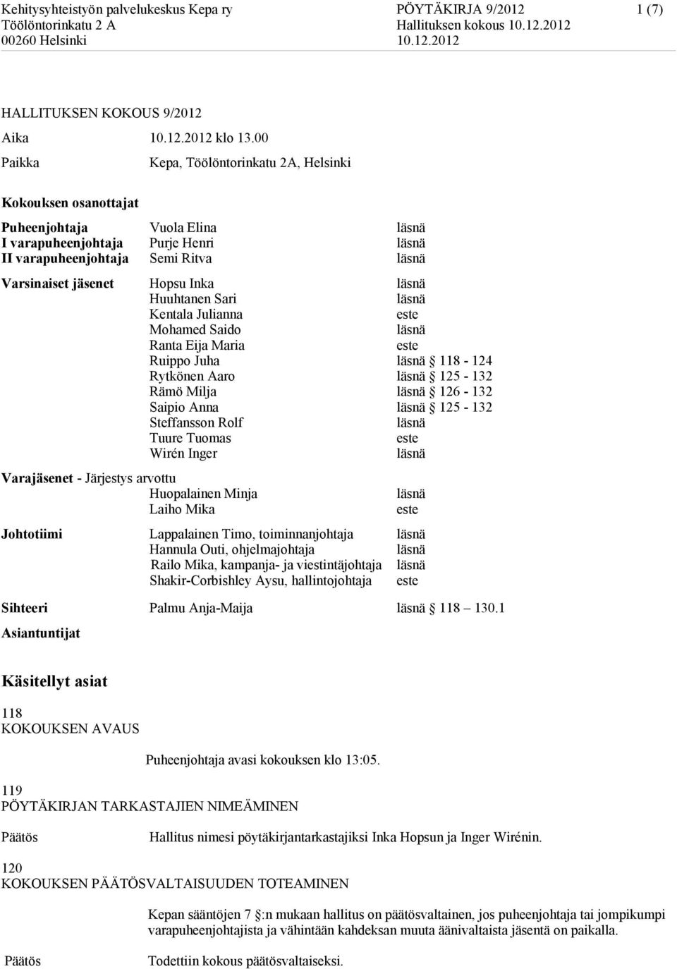 Sari Kentala Julianna Mohamed Saido Ranta Eija Maria Ruippo Juha 118-124 Rytkönen Aaro 125-132 Rämö Milja 126-132 Saipio Anna 125-132 Steffansson Rolf Tuure Tuomas Wirén Inger Varajäsenet - Järjestys