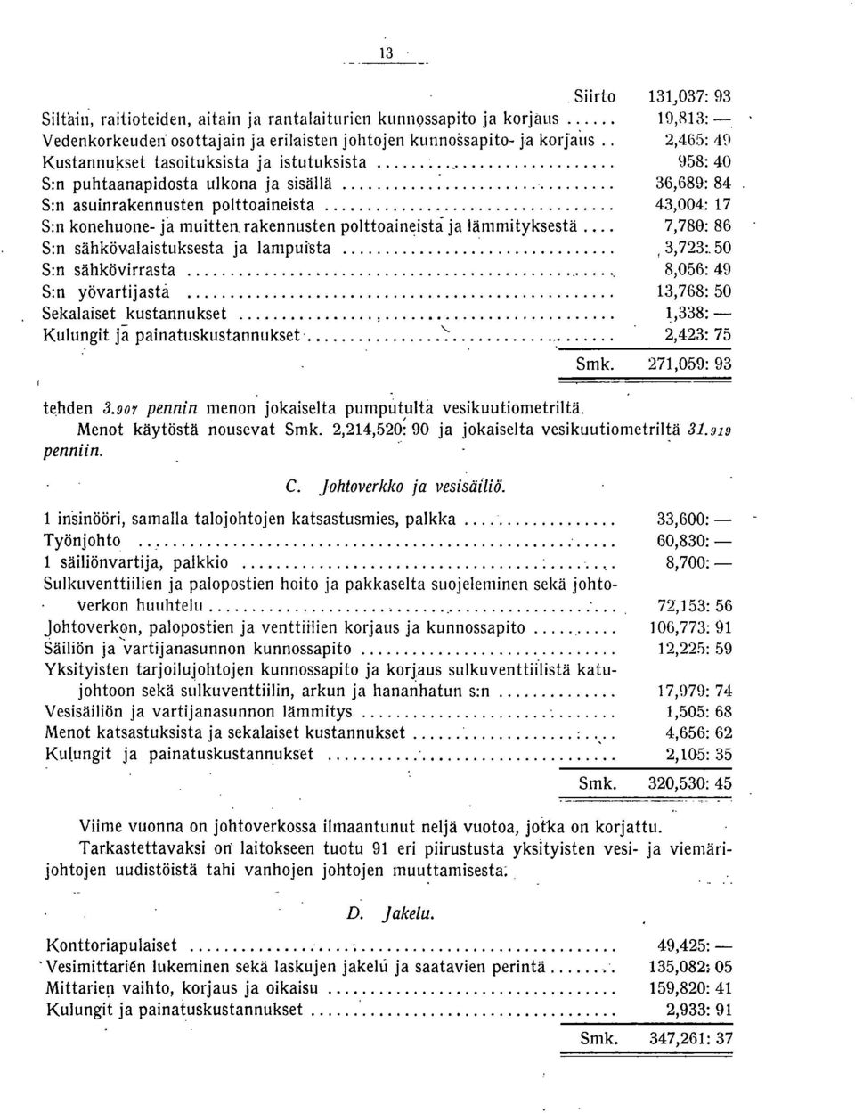 rakennusten polttoaineistå ja lämmityksestä.... 7,780: 86 S:n sähköv.alaistuksesta ja lampui"sta... 3,723:.50 S:n sähkövirrasta... 8,056: 49 S:n yövartijasta... 3,768: 50 Sekalaiset kustannukset...,...,338: - Kulungit ja painatuskustannukset.