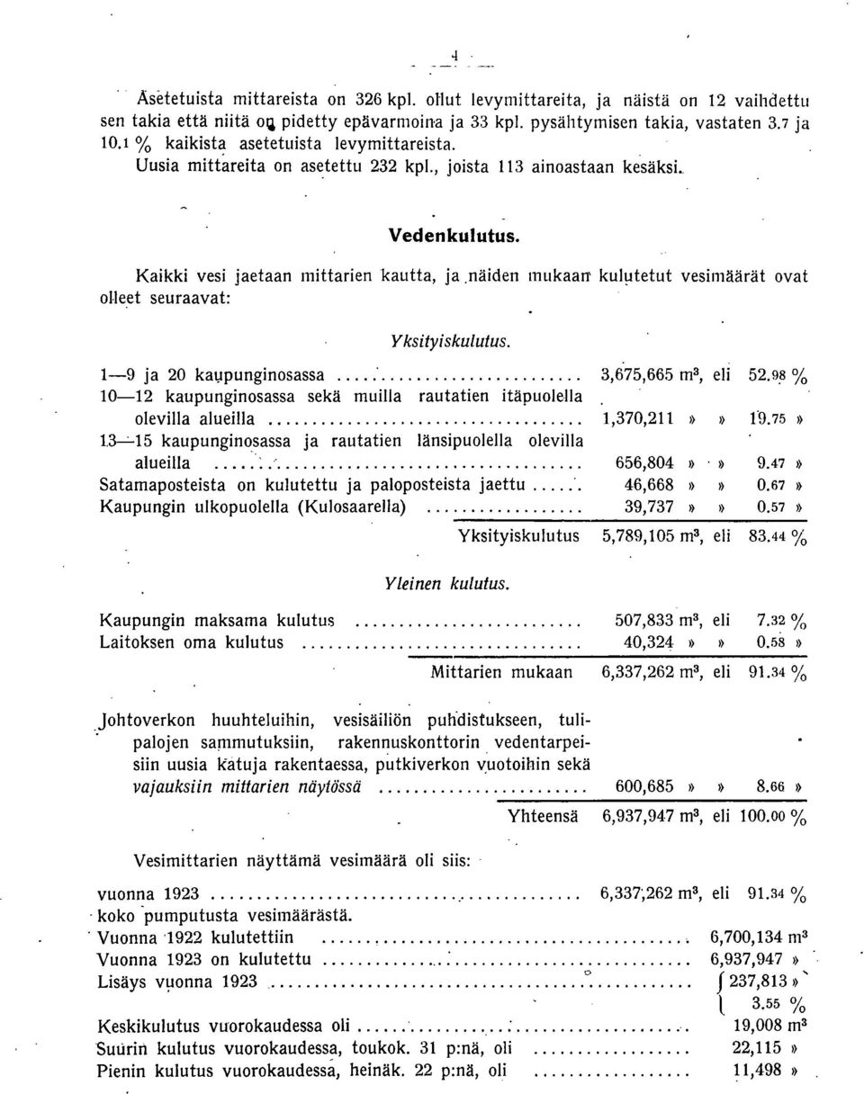 ltetut vesimäärät ovat o).)eet seuraavat: Yksityiskulutus. -9 ja 20 kal,lpunginosassa... 3,675,665 m 3, eli 52.9.8 % 0-2 kaupunginosassa sekä muilla rautatien itäpuolella olevilla alueilla...,370,2»» 9.