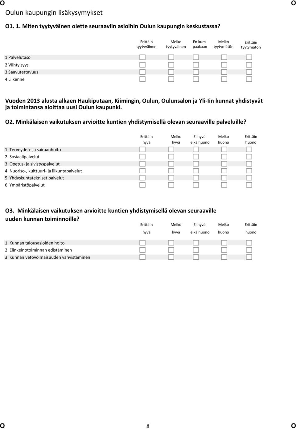 Oulunsalon ja Yli Iin kunnat yhdistyvät ja toimintansa aloittaa uusi Oulun kaupunki O Minkälaisen vaikutuksen arvioitte kuntien yhdistymisellä olevan seuraaville palveluille?