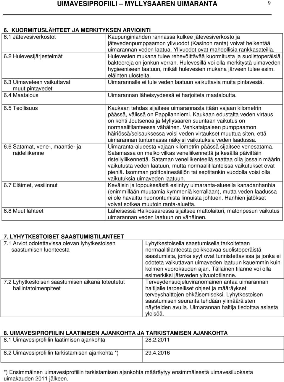 Ylivuodot ovat mahdollisia rankkasateilla. 6.2 Hulevesijärjestelmät Hulevesien mukana tulee rehevöittävää kuormitusta ja suolistoperäisiä bakteereja on jonkun verran.