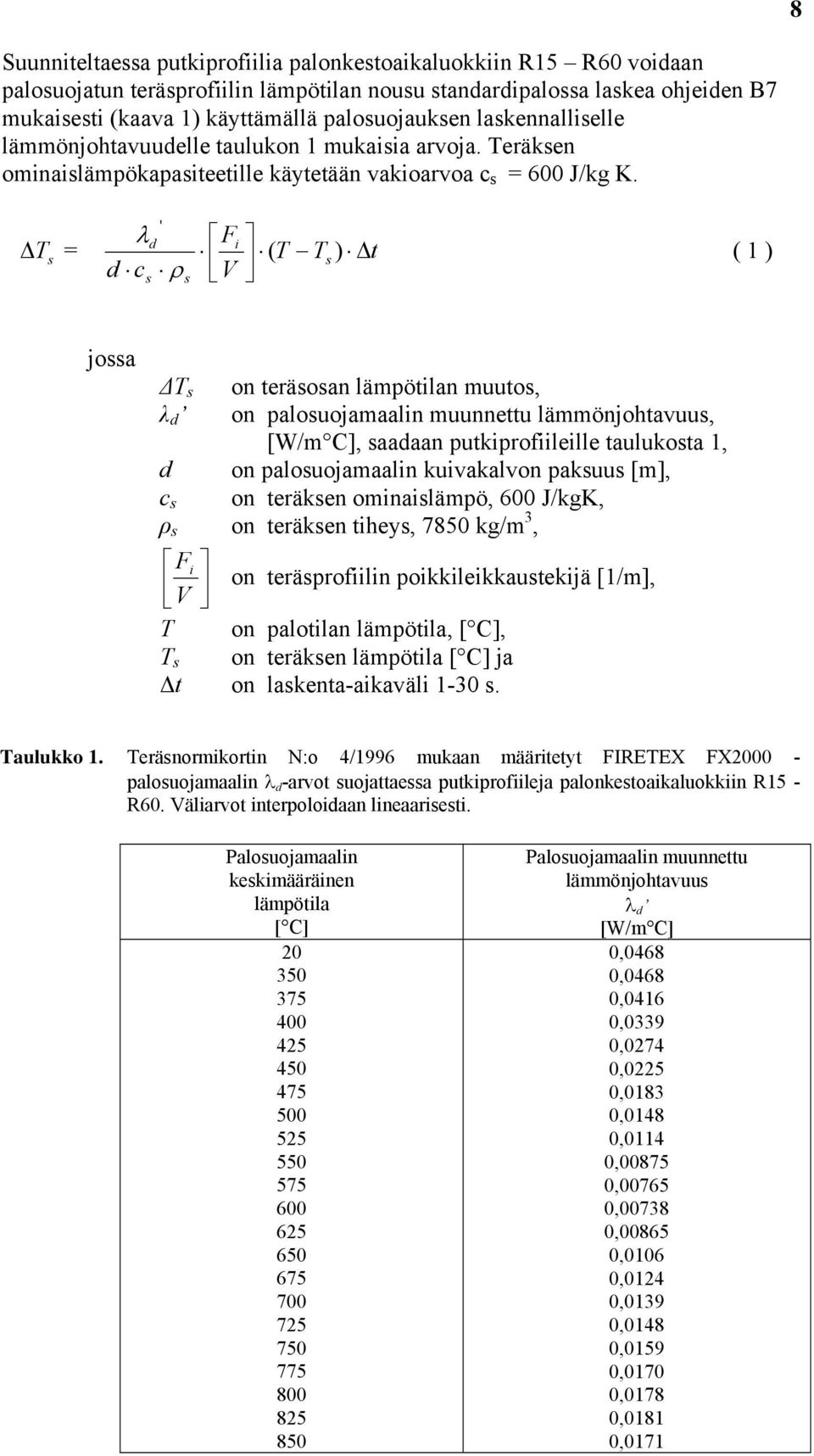 T s = d Fi d c V s ' s ( T T ) t s ( 1 ) jossa ΔT s on teräsosan lämpötilan muutos, λ d on palosuojamaalin muunnettu lämmönjohtavuus, [W/m C], saadaan putkiprofiileille taulukosta 1, d on