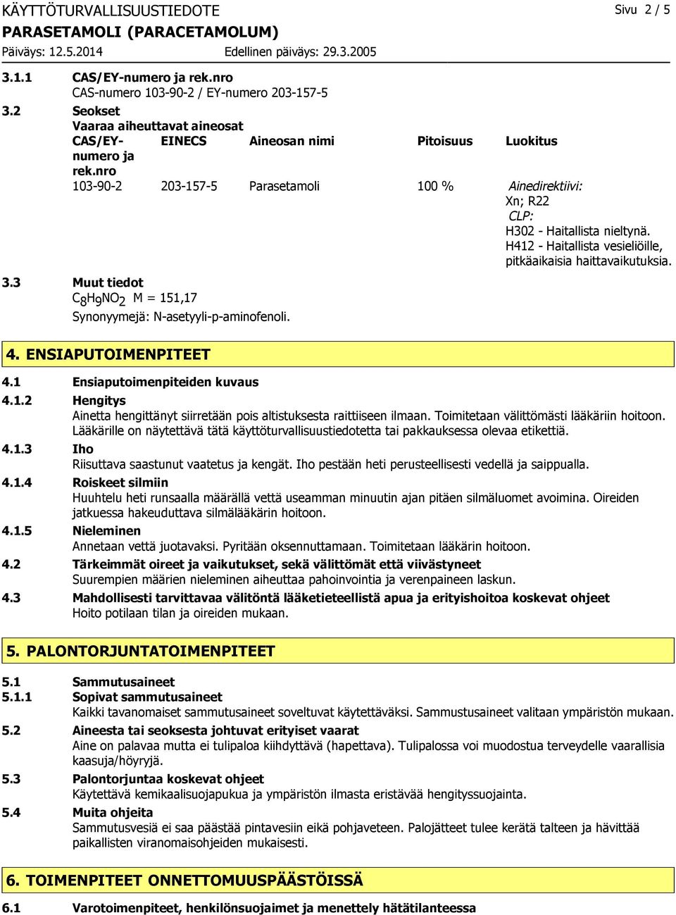 H412 - Haitallista vesieliöille, pitkäaikaisia haittavaikutuksia. 3.3 Muut tiedot C 8 H 9 NO 2 M = 151,17 Synonyymejä: N-asetyyli-p-aminofenoli. 4. ENSIAPUTOIMENPITEET 4.