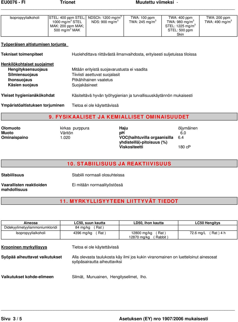 Ympäristöaltistuksen torjuminen Huolehdittava riittävästä ilmanvaihdosta, erityisesti suljetuissa tiloissa Mitään erityistä suojavarustusta ei vaadita Tiiviisti asettuvat suojalasit Pitkähihainen