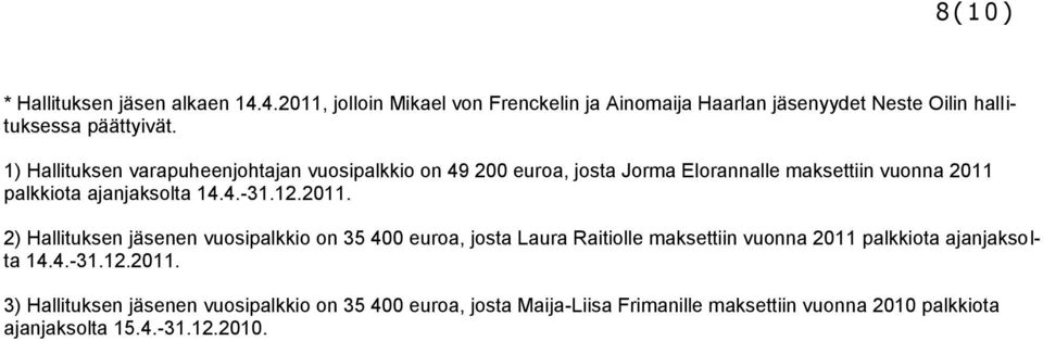 1) Hallituksen varapuheenjohtajan vuosipalkkio on 49 200, josta Jorma Elorannalle maksettiin vuonna 2011 palkkiota ajanjaksolta 14.4.-31.12.