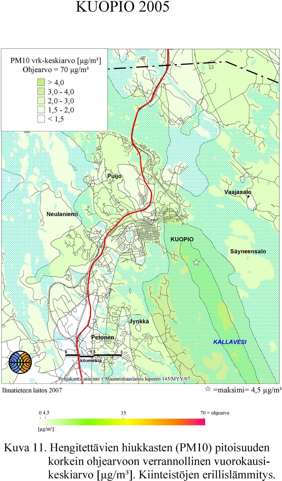 5 333 Pohjakartta-aineisto Maanmittauslaitos lupanro 145/MYY/7 =maksimi= 4,5 µg/m³ 4,5