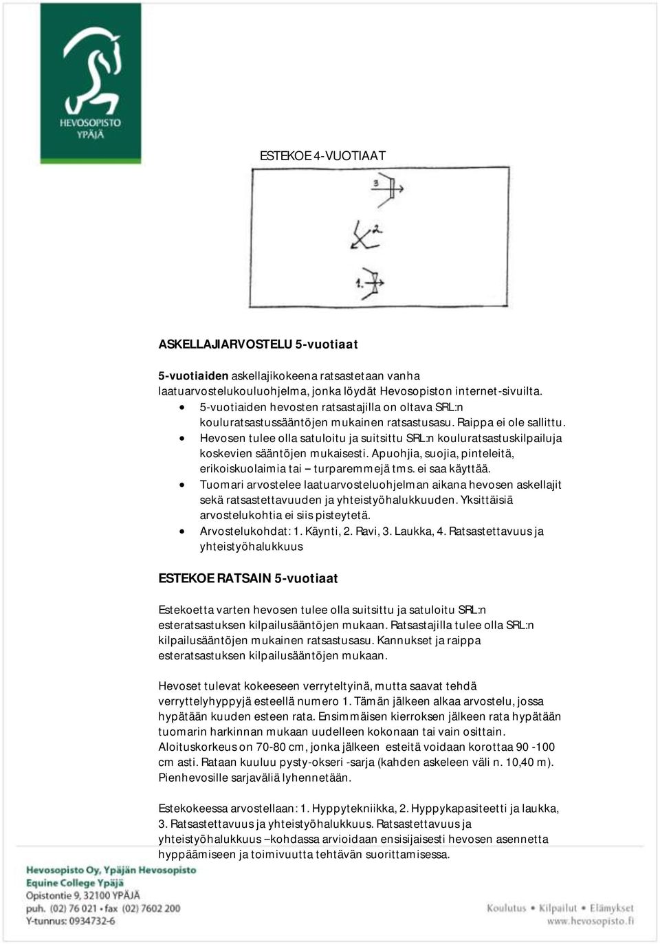 Hevosen tulee olla satuloitu ja suitsittu SRL:n kouluratsastuskilpailuja koskevien sääntöjen mukaisesti. Apuohjia, suojia, pinteleitä, erikoiskuolaimia tai turparemmejä tms. ei saa käyttää.