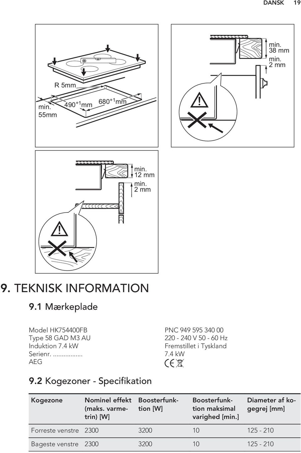 4 kw Fremstillet i Tyskland Serienr.... 7.4 kw AEG 9.2 Kogezoner - Specifikation Kogezone Nominel effekt (maks.