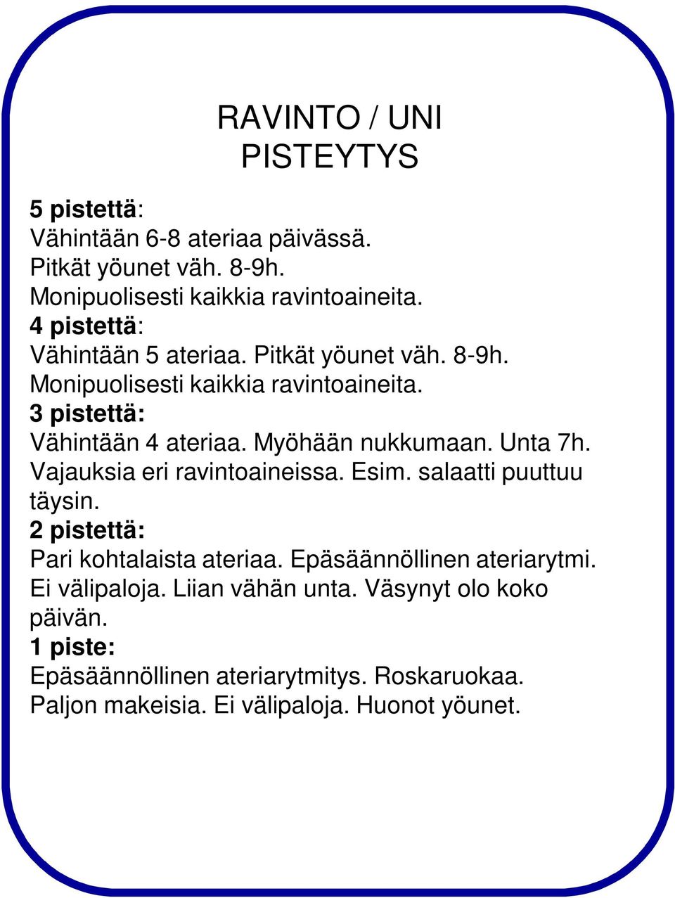 Myöhään nukkumaan. Unta 7h. Vajauksia eri ravintoaineissa. Esim. salaatti puuttuu täysin. 2 pistettä: Pari kohtalaista ateriaa.