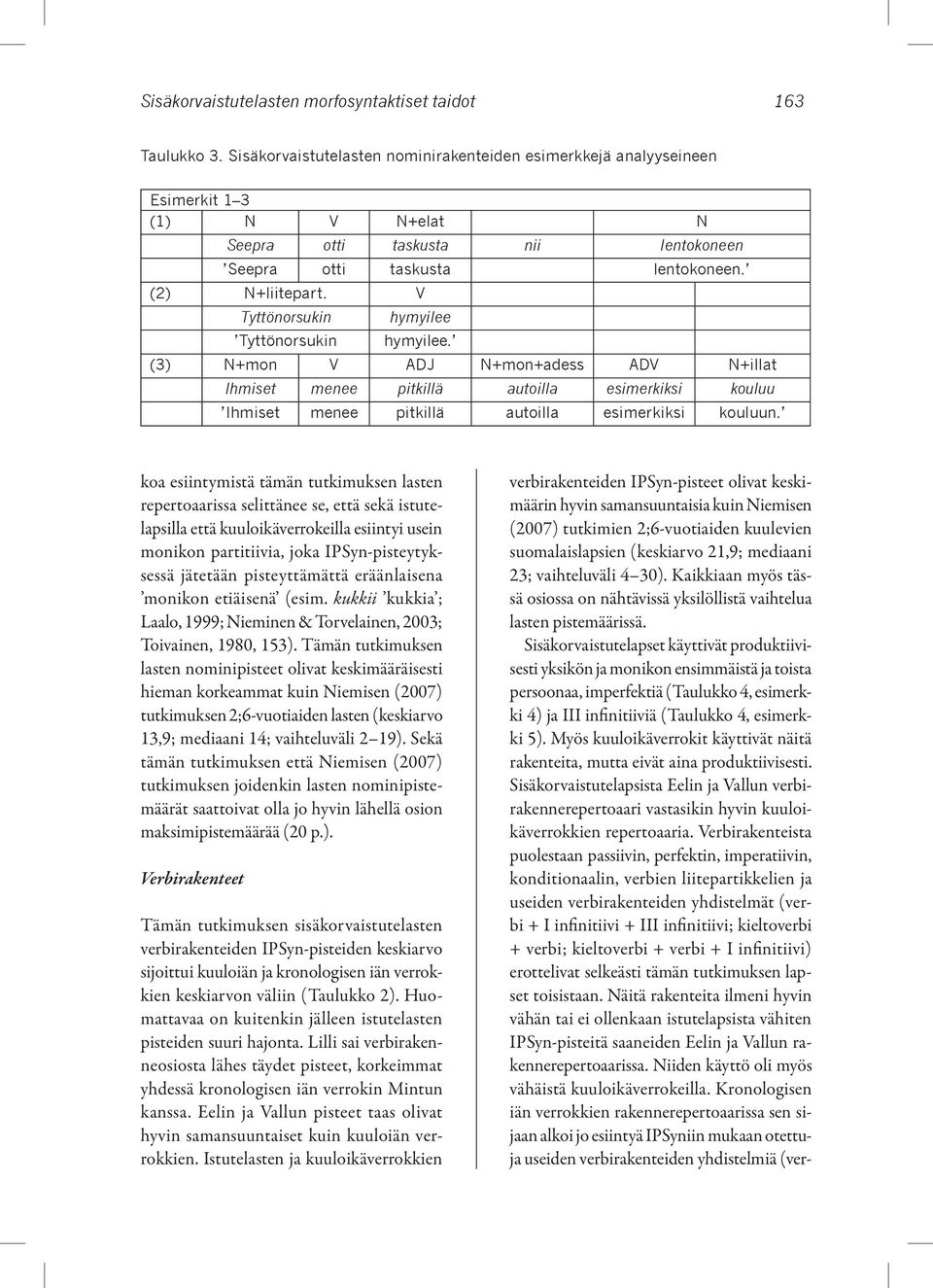 V Tyttönorsukin Tyttönorsukin hymyilee hymyilee. (3) N+mon V ADJ N+mon+adess ADV N+illat Ihmiset menee pitkillä autoilla esimerkiksi kouluu Ihmiset menee pitkillä autoilla esimerkiksi kouluun.