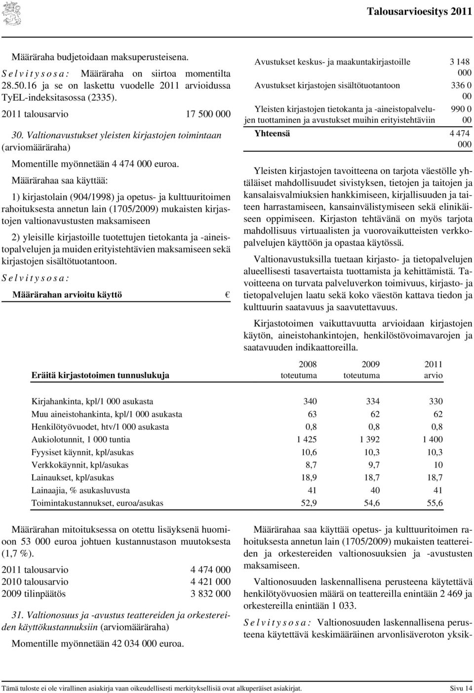 Määrärahaa saa käyttää: 1) kirjastolain (904/1998) ja opetus- ja kulttuuritoimen rahoituksesta annetun lain (1705/) mukaisten kirjastojen valtionavustusten maksamiseen 2) yleisille kirjastoille