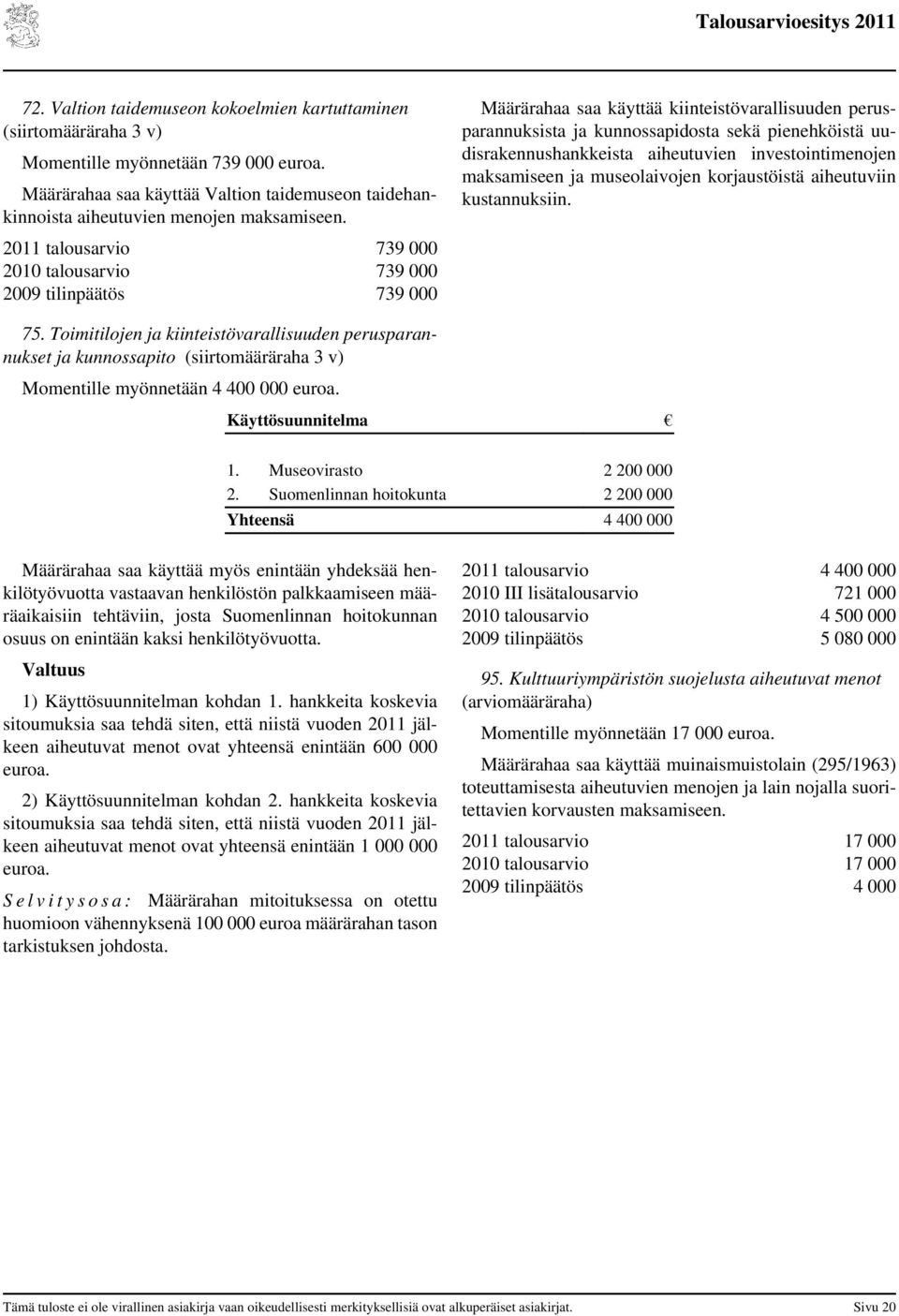 talousarvio 739 000 2010 talousarvio 739 000 tilinpäätös 739 000 Määrärahaa saa käyttää kiinteistövarallisuuden perusparannuksista ja kunnossapidosta sekä pienehköistä uudisrakennushankkeista