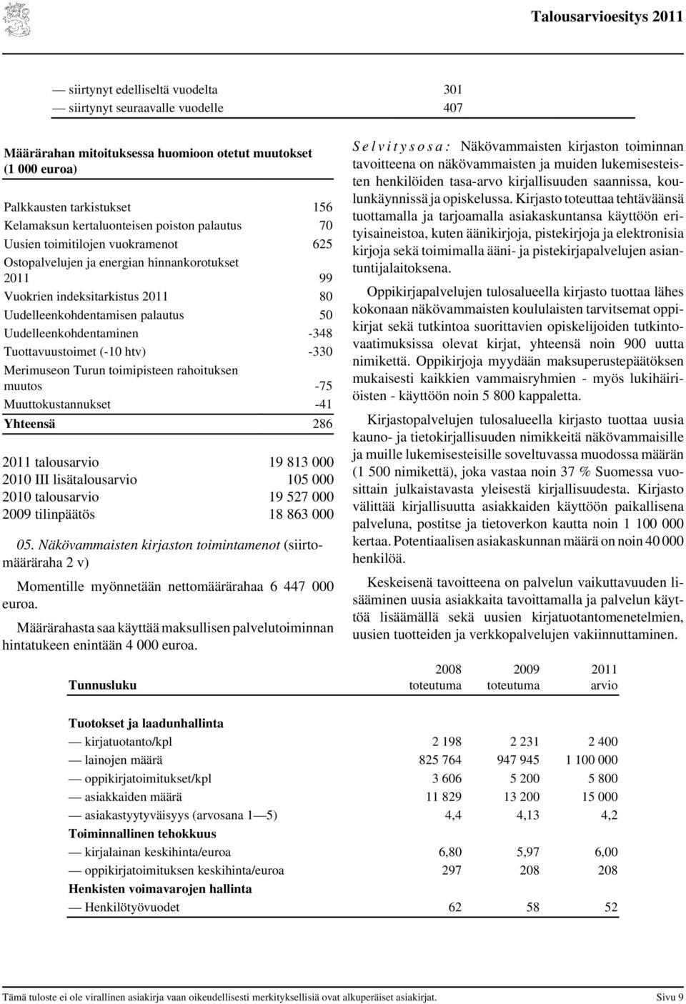 muutos -75 Muuttokustannukset -41 Yhteensä 286 talousarvio 19 813 000 2010 III lisätalousarvio 105 000 2010 talousarvio 19 527 000 tilinpäätös 18 863 000 05.