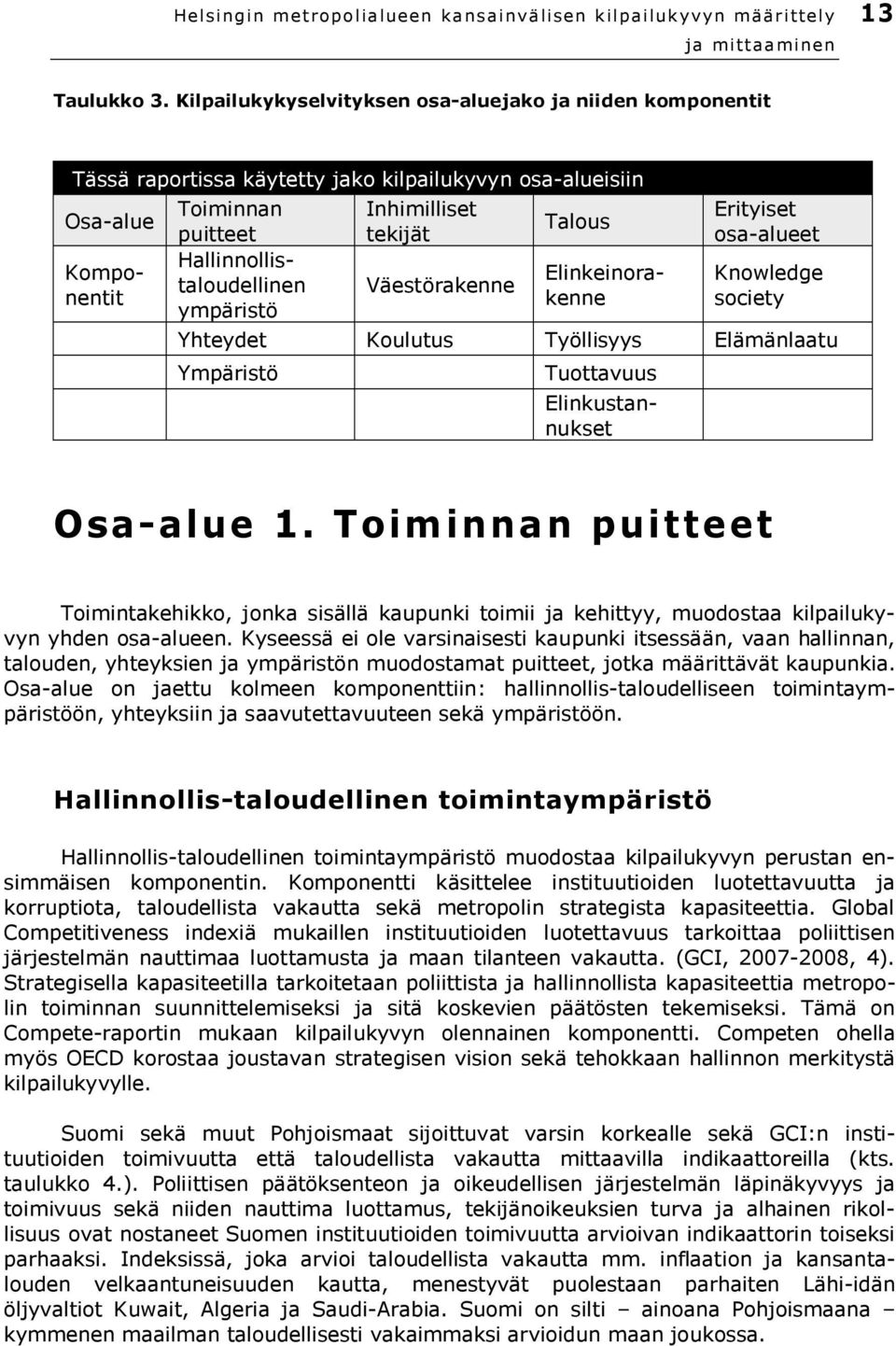 Inhimilliset tekijät Väestörakenne Talous Erityiset osa-alueet Knowledge society Yhteydet Koulutus Työllisyys Elämänlaatu Ympäristö Tuottavuus Elinkeinorakenne Elinkustannukset Osa-alue 1.