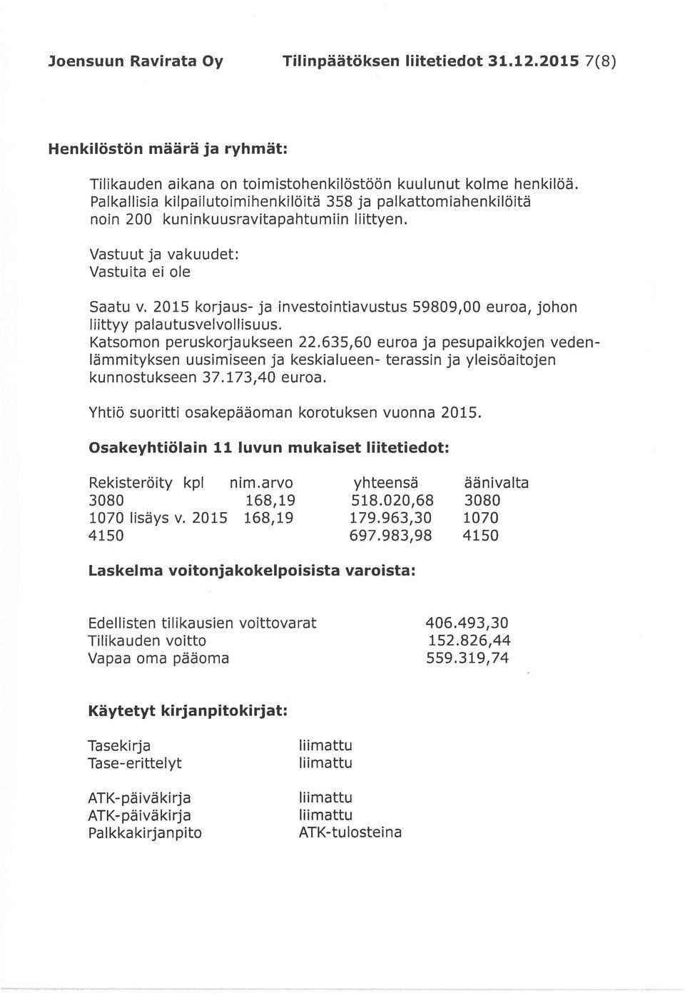 2015 korjaus- ja investointiavustus 59809,00 euroa, johon liittyy palautusvelvollisuus. Katsomon peruskorjaukseen 22.