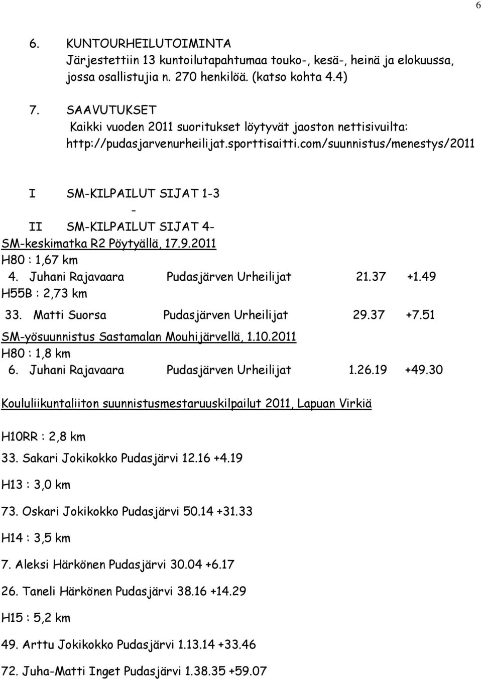 com/suunnistus/menestys/2011 I SM-KILPAILUT SIJAT 1-3 - II SM-KILPAILUT SIJAT 4- SM-keskimatka R2 Pöytyällä, 17.9.2011 H80 : 1,67 km 4. Juhani Rajavaara Pudasjärven Urheilijat 21.37 +1.