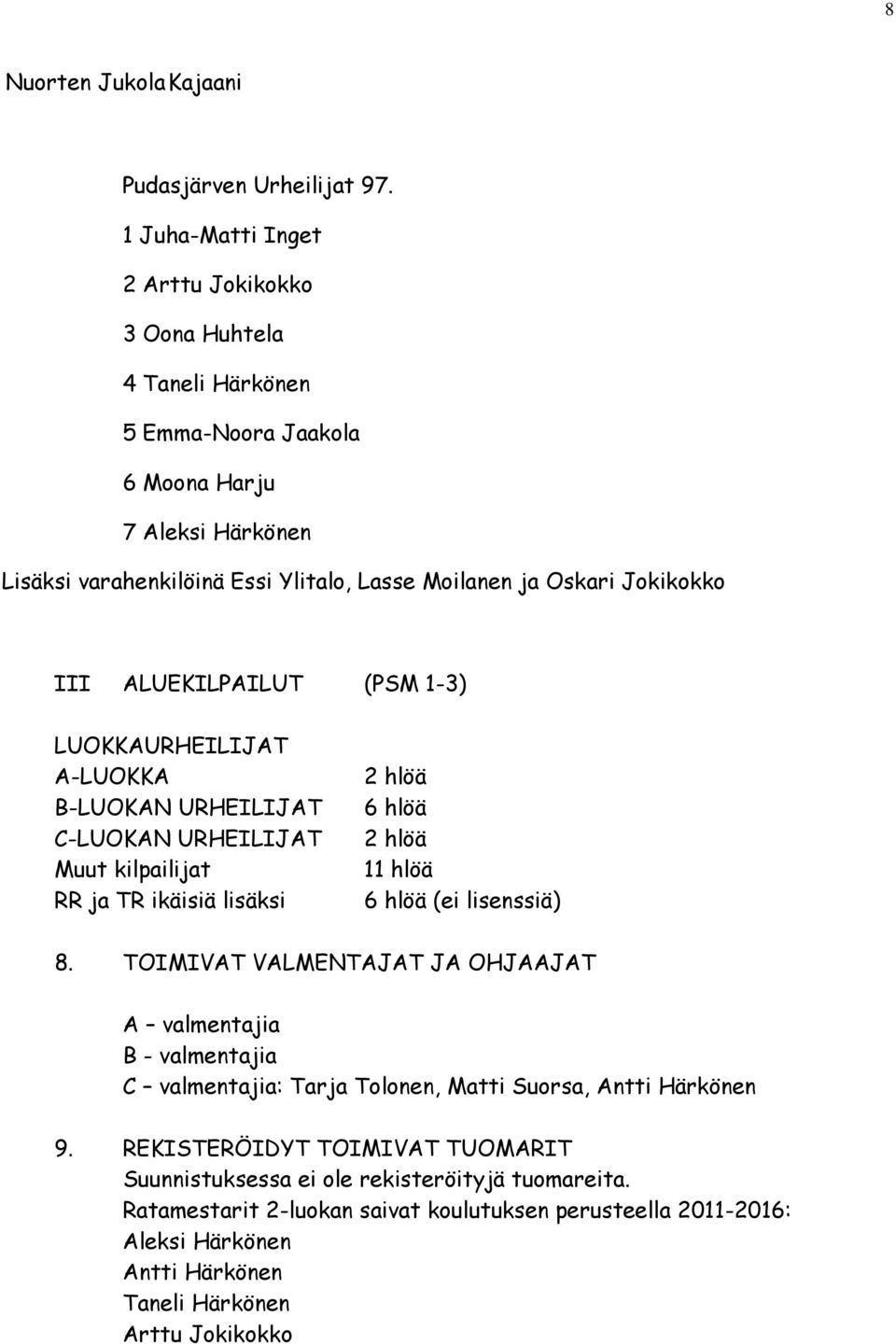 Jokikokko III ALUEKILPAILUT (PSM 1-3) LUOKKAURHEILIJAT A-LUOKKA B-LUOKAN URHEILIJAT C-LUOKAN URHEILIJAT Muut kilpailijat RR ja TR ikäisiä lisäksi 2 hlöä 6 hlöä 2 hlöä 11 hlöä 6 hlöä (ei