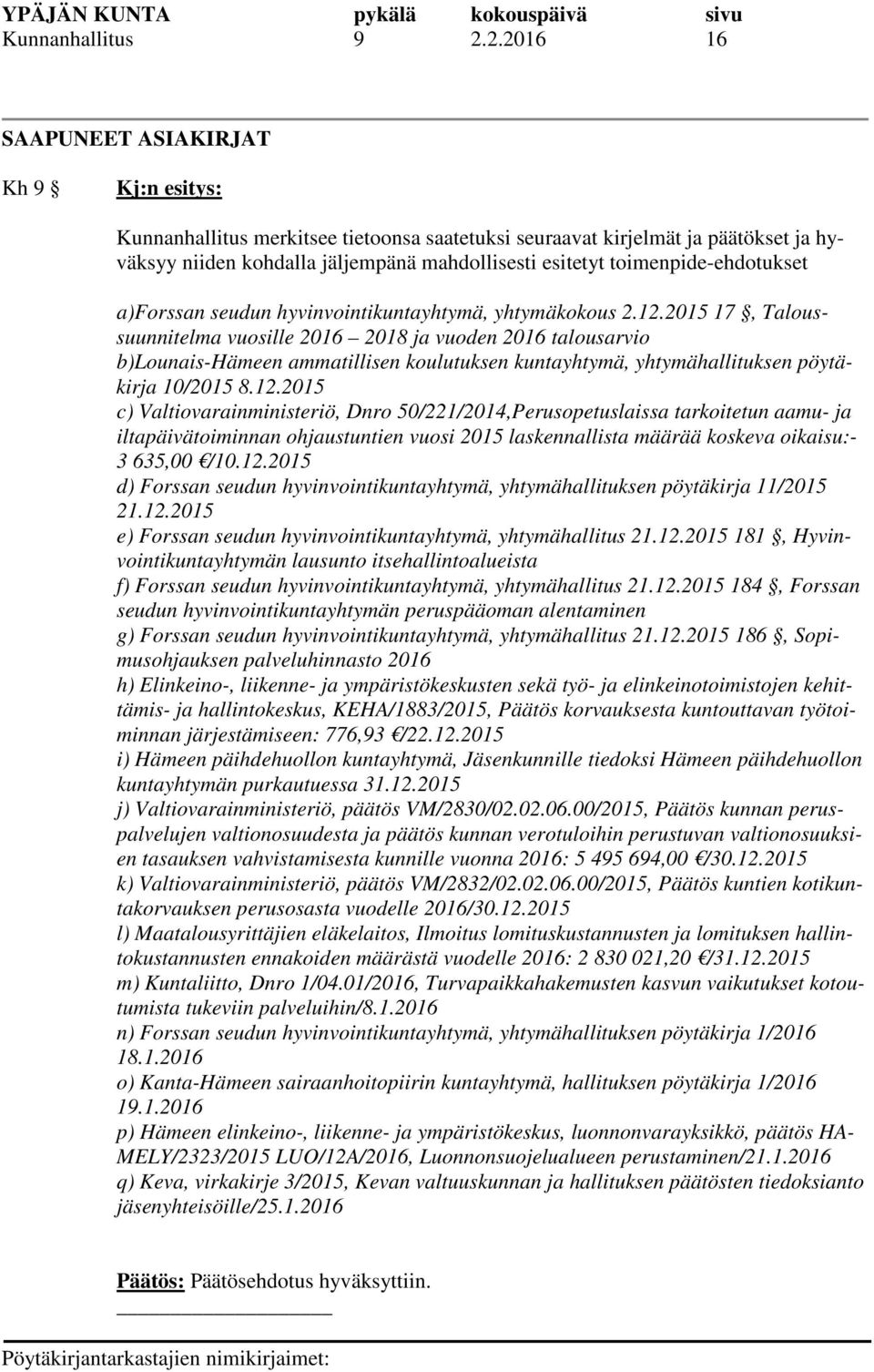 a)forssan seudun hyvinvointikuntayhtymä, yhtymäkokous 2.12.