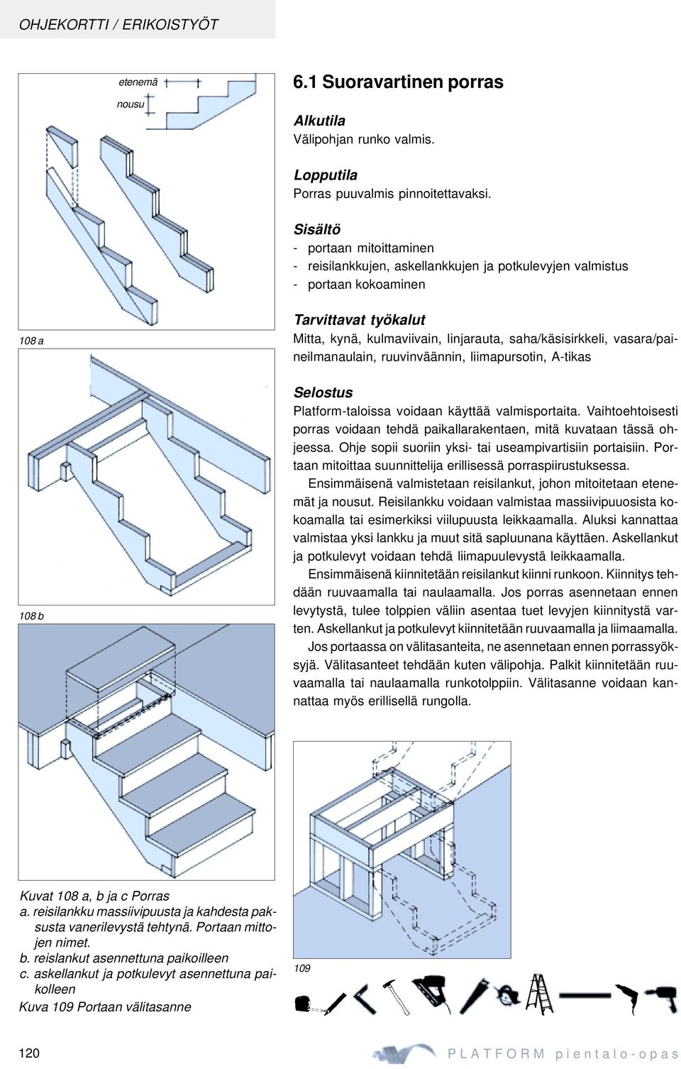 saha/käsisirkkeli, vasara/paineilmanaulain, ruuvinväännin, liimapursotin, A-tikas Selostus Platform-taloissa voidaan käyttää valmisportaita.