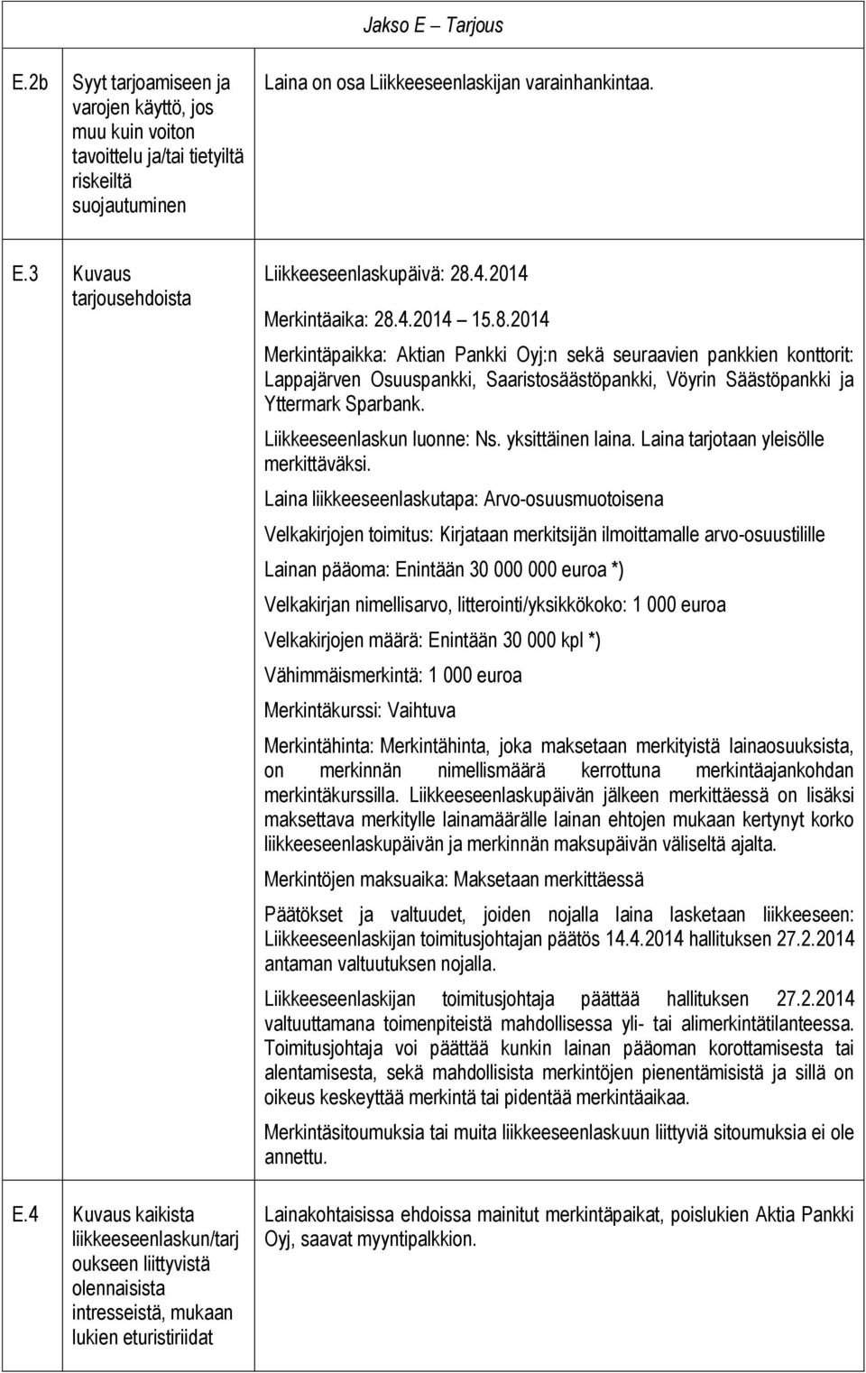 4.2014 Merkintäaika: 28.4.2014 15.8.2014 Merkintäpaikka: Aktian Pankki Oyj:n sekä seuraavien pankkien konttorit: Lappajärven Osuuspankki, Saaristosäästöpankki, Vöyrin Säästöpankki ja Yttermark Sparbank.