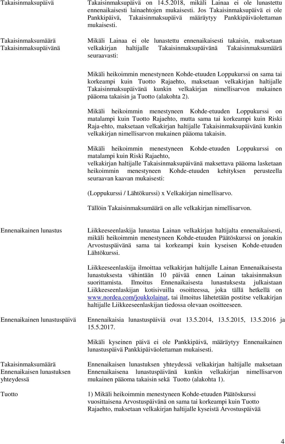 Mikäli Lainaa ei ole lunastettu ennenaikaisesti takaisin, maksetaan velkakirjan haltijalle Takaisinmaksupäivänä Takaisinmaksumäärä seuraavasti: Mikäli heikoimmin menestyneen Kohde-etuuden Loppukurssi