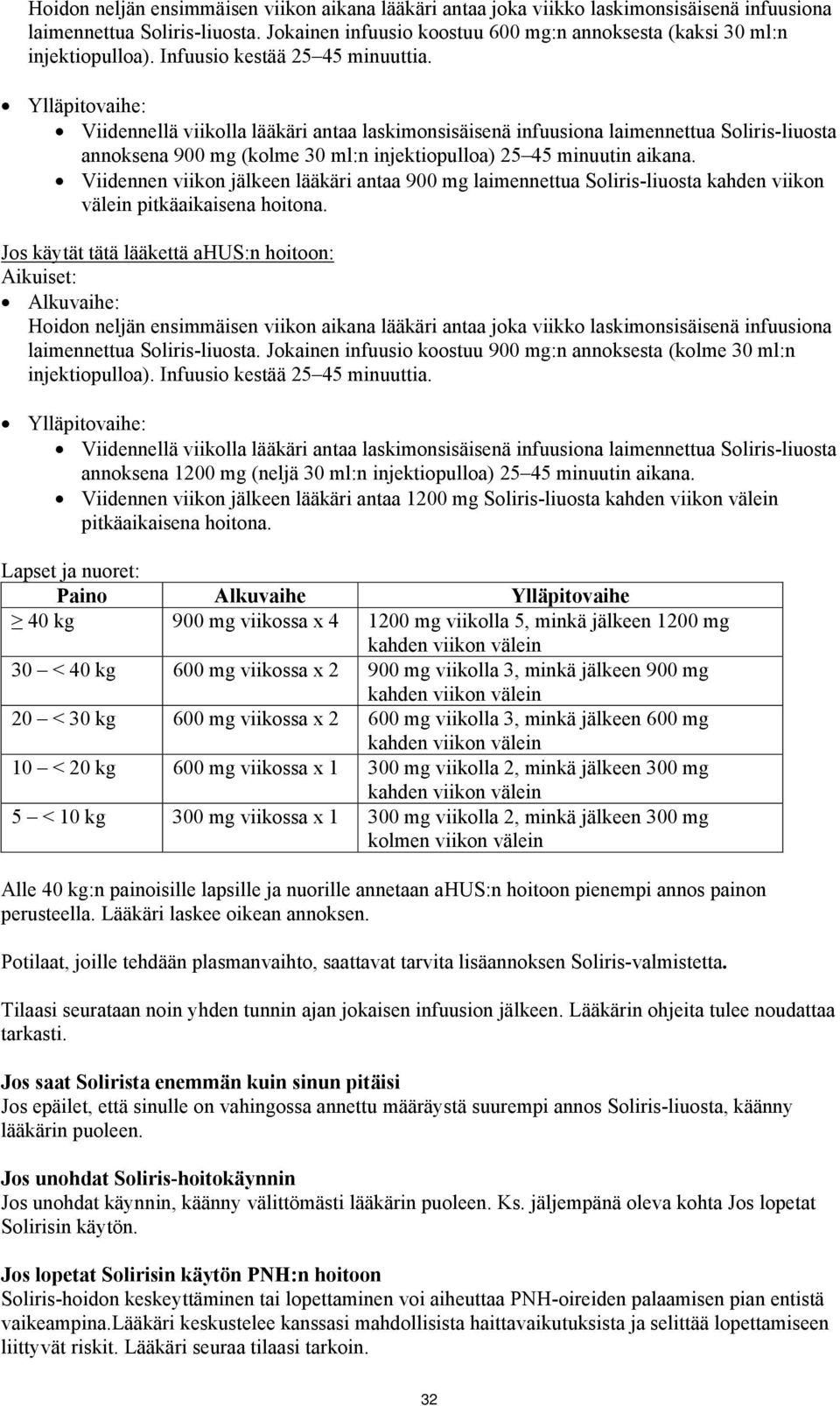 Ylläpitovaihe: Viidennellä viikolla lääkäri antaa laskimonsisäisenä infuusiona laimennettua Soliris-liuosta annoksena 900 mg (kolme 30 ml:n injektiopulloa) 25 45 minuutin aikana.