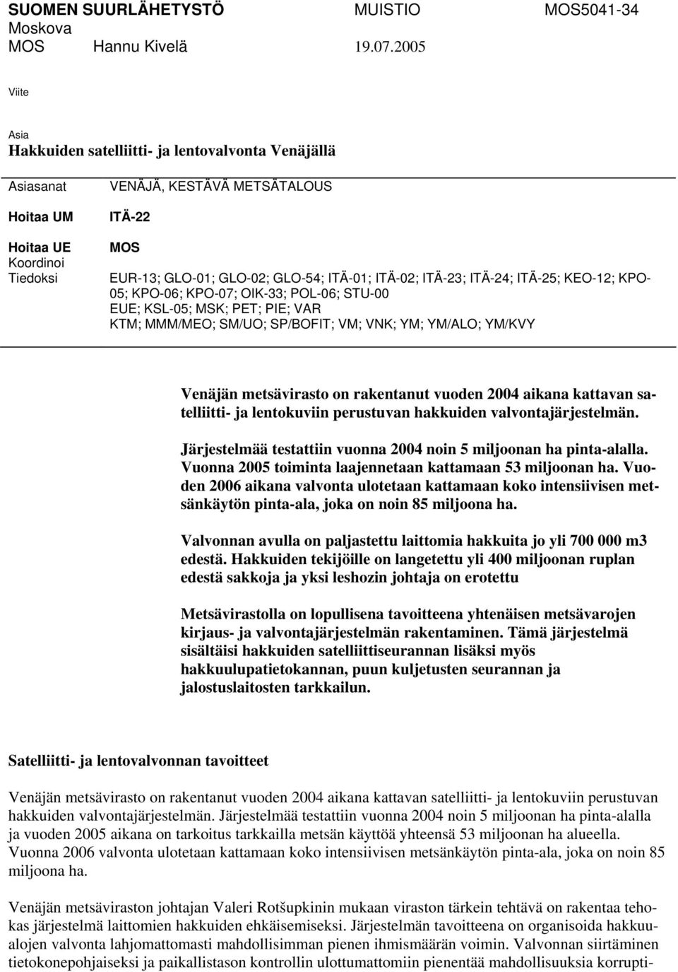 ITÄ-01; ITÄ-02; ITÄ-23; ITÄ-24; ITÄ-25; KEO-12; KPO- 05; KPO-06; KPO-07; OIK-33; POL-06; STU-00 EUE; KSL-05; MSK; PET; PIE; VAR KTM; MMM/MEO; SM/UO; SP/BOFIT; VM; VNK; YM; YM/ALO; YM/KVY Venäjän