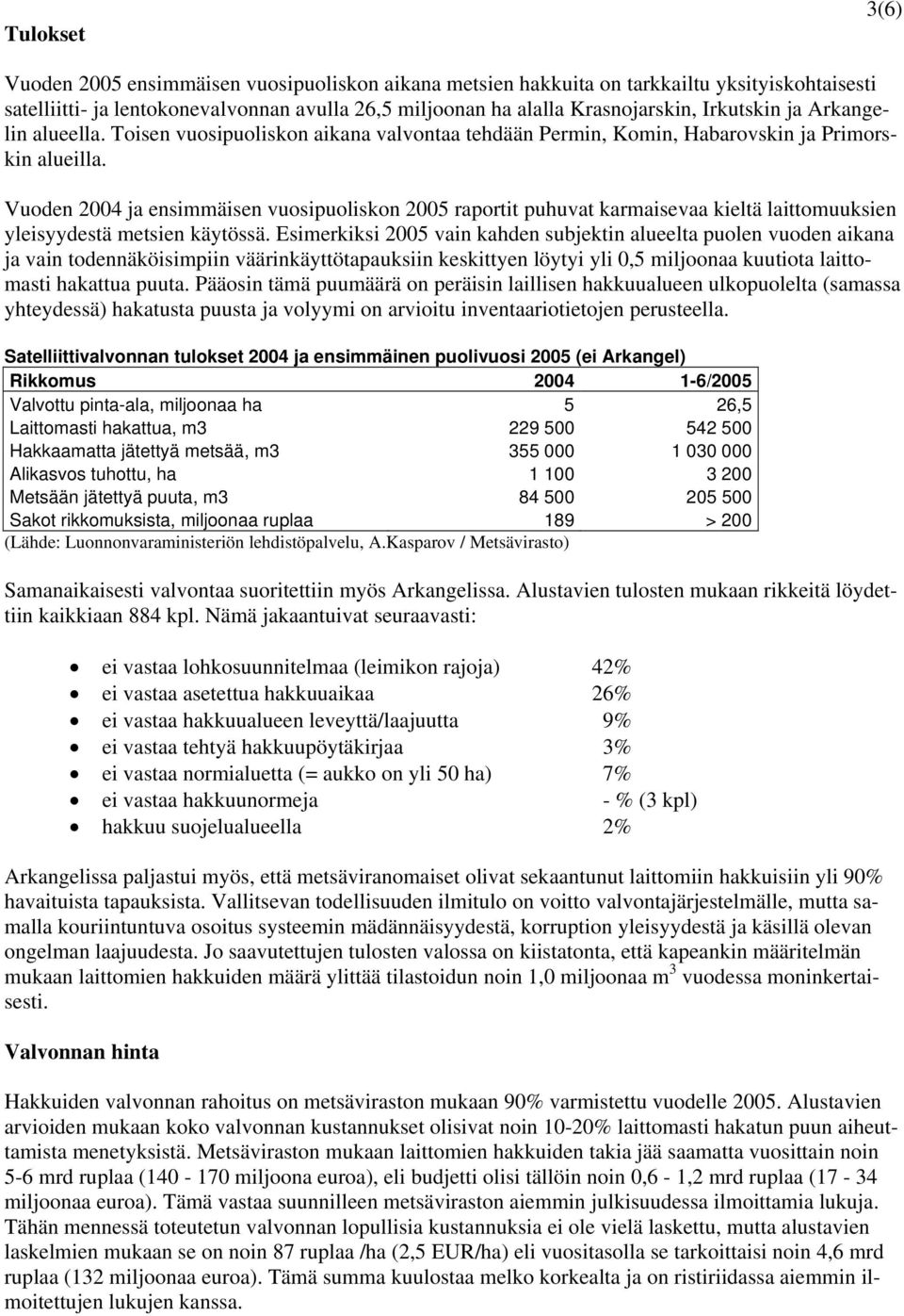 Vuoden 2004 ja ensimmäisen vuosipuoliskon 2005 raportit puhuvat karmaisevaa kieltä laittomuuksien yleisyydestä metsien käytössä.