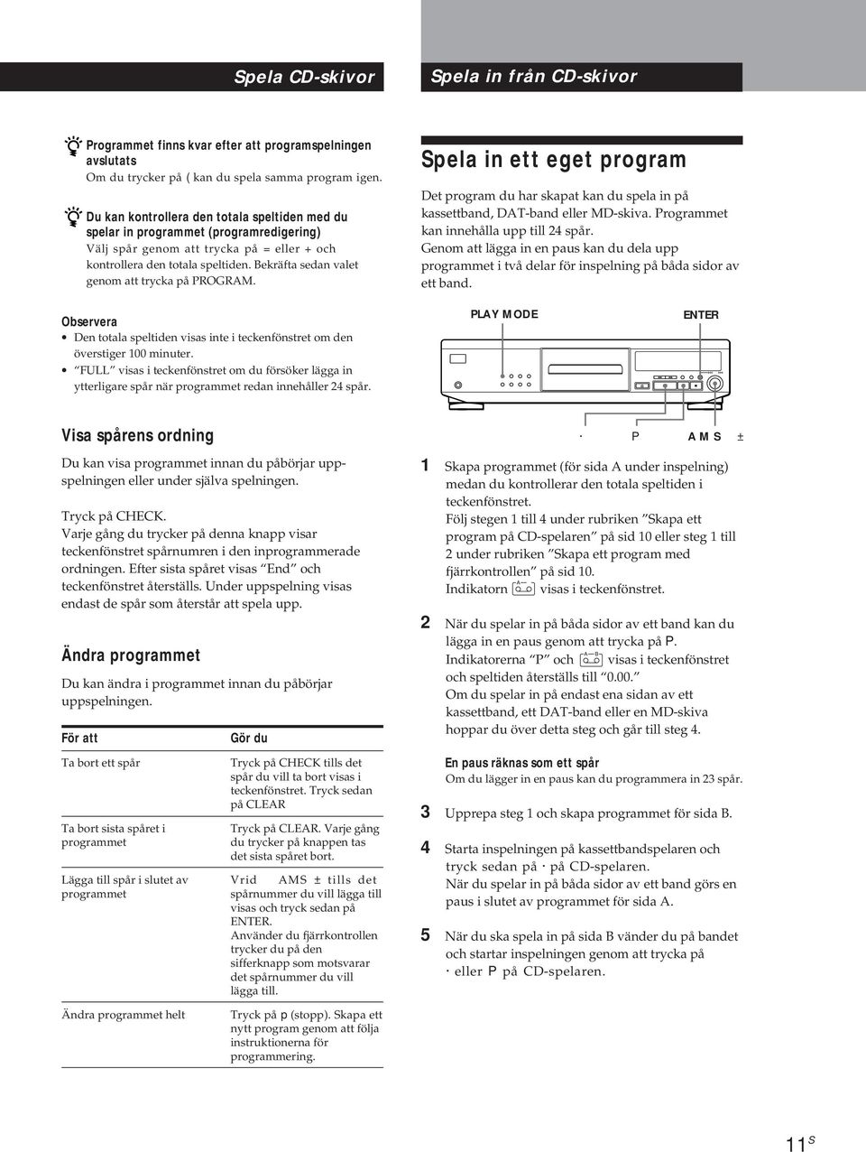 Bekräfta sedan valet genom att trycka på PROGRAM. Spela in ett eget program Det program du har skapat kan du spela in på kassettband, DAT-band eller MD-skiva.