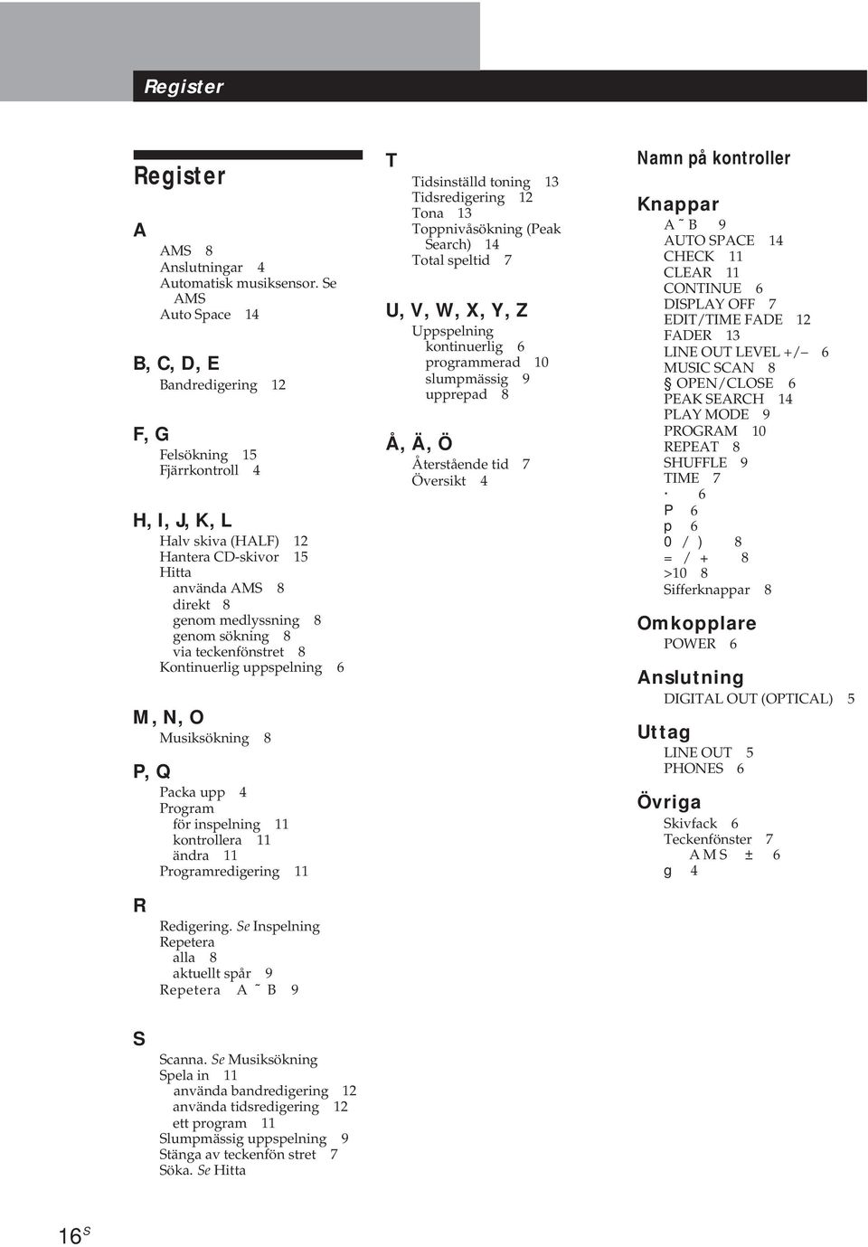 sökning 8 via teckenfönstret 8 Kontinuerlig uppspelning 6 M, N, O Musiksökning 8 P, Q Packa upp 4 Program för inspelning 11 kontrollera 11 ändra 11 Programredigering 11 T Tidsinställd toning 13