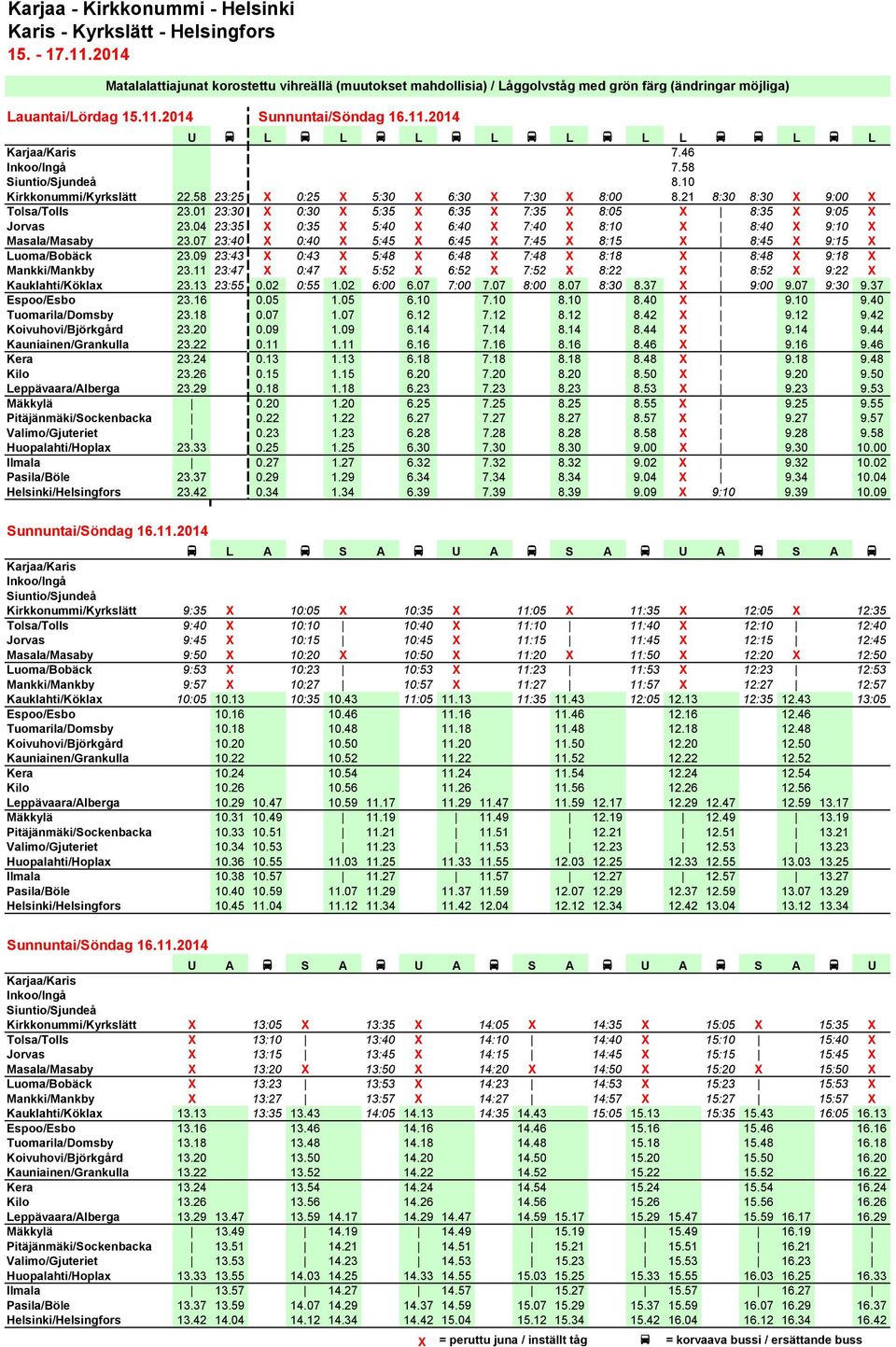 10 Kirkkonummi/Kyrkslätt 22.58 23:25 X 0:25 X 5:30 X 6:30 X 7:30 X 8:00 8.21 8:30 8:30 X 9:00 X Tolsa/Tolls 23.01 23:30 X 0:30 X 5:35 X 6:35 X 7:35 X 8:05 X 8:35 X 9:05 X Jorvas 23.