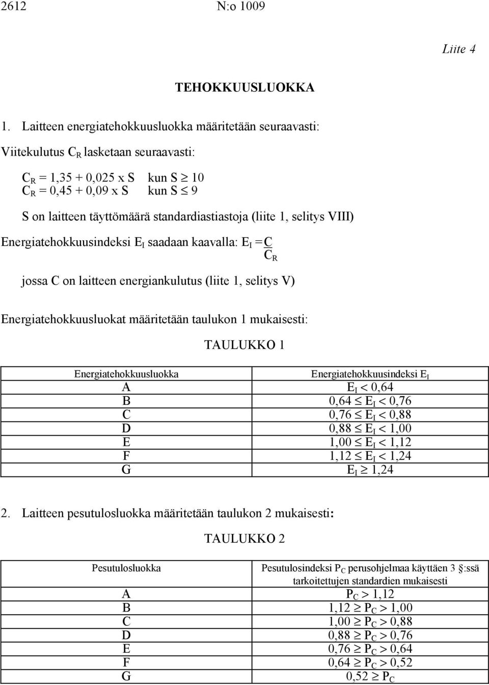 standardiastiastoja (liite 1, selitys VIII) Energiatehokkuusindeksi E I saadaan kaavalla: E I = C C R jossa C on laitteen energiankulutus (liite 1, selitys V) Energiatehokkuusluokat määritetään