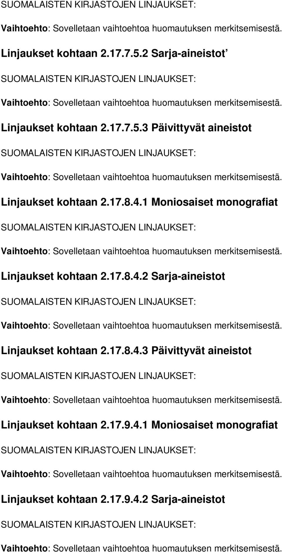 17.8.4.3 Päivittyvät aineistot Linjaukset kohtaan 2.17.9.4.1 Moniosaiset monografiat Linjaukset kohtaan 2.