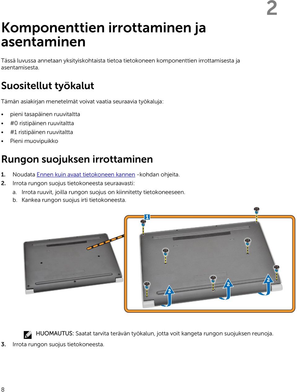 muovipuikko Rungon suojuksen irrottaminen 1. Noudata Ennen kuin avaat tietokoneen kannen -kohdan ohjeita. 2. Irrota rungon suojus tietokoneesta seuraavasti: a.