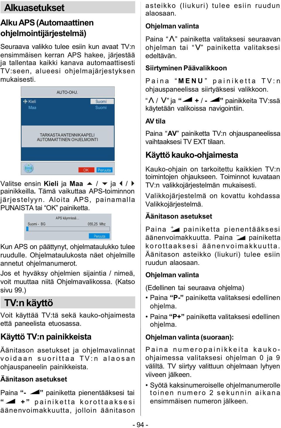 Tämä vaikuttaa APS-toiminnon järjestelyyn. Aloita APS, painamalla PUNAISTA tai OK painiketta. Suomi - BG APS käynnissä 055,25 Mhz Peruuta Kun APS on päättynyt, ohjelmataulukko tulee ruudulle.