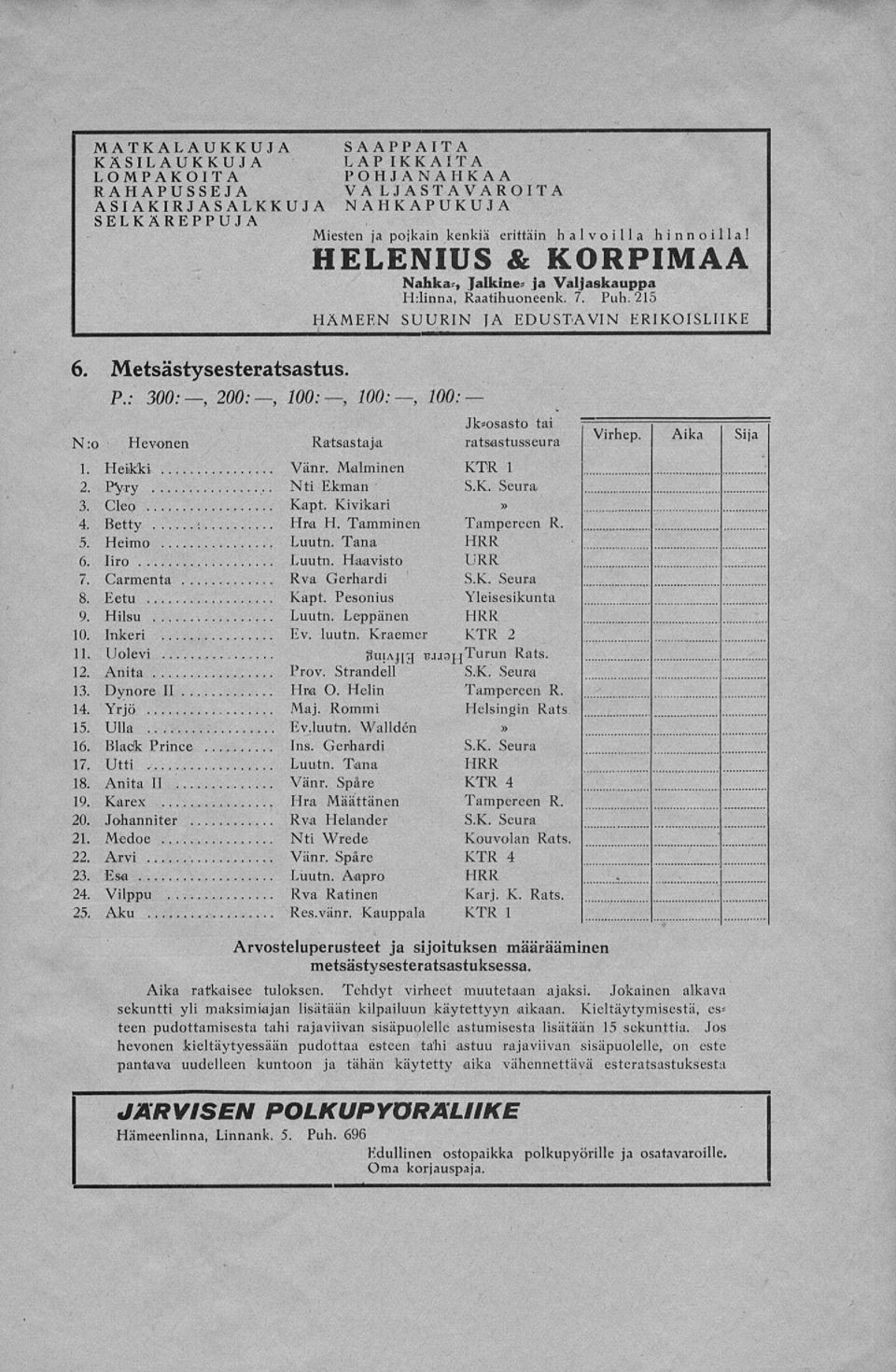 HELENIUS & KORPIMAA Nahka;, Jalkine; ja Valjaskauppa H:linna, Raatihuoneenk. 7. Puh. 215 HÄMEEN SUURIN JA EDUSTAVIN ERIKOISLIIKE 6. Metsästysesteratsastus P.