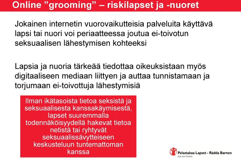 liittyen ja auttaa tunnistamaan ja torjumaan ei-toivottuja lähestymisiä Ilman ikätasoista tietoa seksistä ja seksuaalisesta