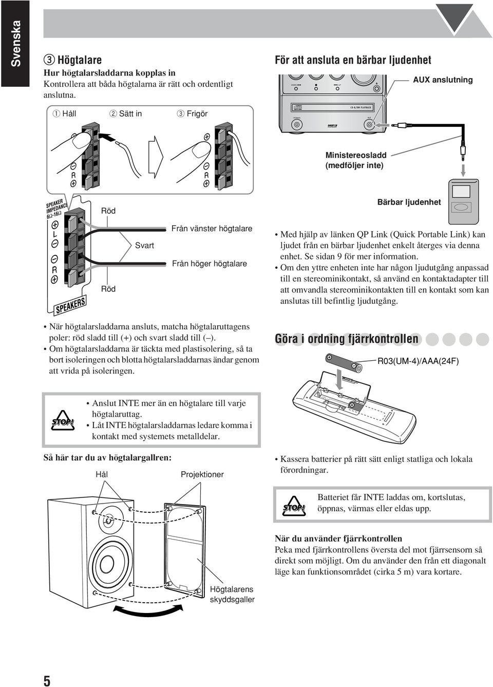länken (Quick Portable Link) kan ljudet från en bärbar ljudenhet enkelt återges via denna enhet. Se sidan 9 för mer information.
