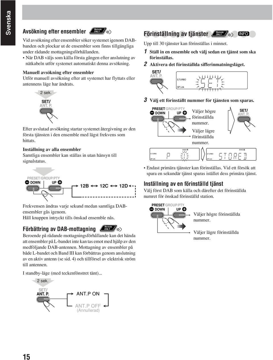 Manuell avsökning efter ensembler Utför manuell avsökning efter att systemet har flyttats eller antennens läge har ändrats. 2 sek.
