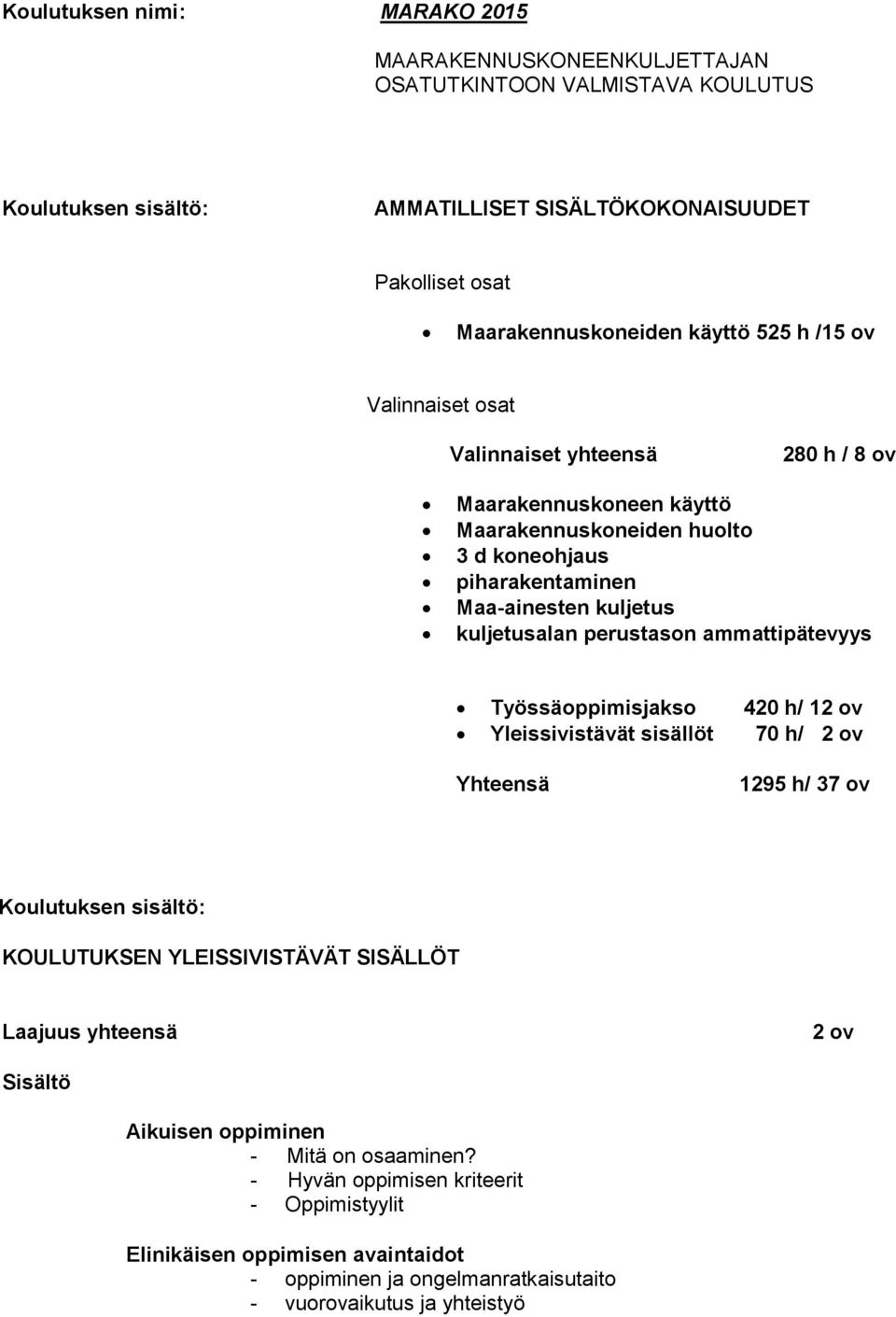 perustason ammattipätevyys Työssäoppimisjakso 420 h/ 12 ov Yleissivistävät sisällöt 70 h/ 2 ov Yhteensä 1295 h/ 37 ov Koulutuksen sisältö: KOULUTUKSEN YLEISSIVISTÄVÄT SISÄLLÖT Laajuus