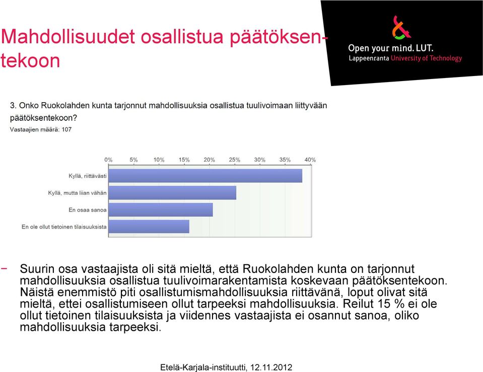 Näistä enemmistö piti osallistumismahdollisuuksia i i riittävänä, ä ä loput olivat sitä mieltä, ettei osallistumiseen