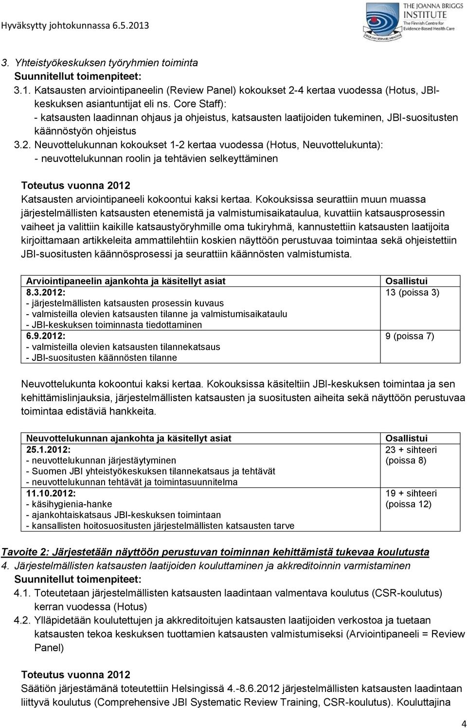 Neuvottelukunnan kokoukset 1-2 kertaa vuodessa (Hotus, Neuvottelukunta): - neuvottelukunnan roolin ja tehtävien selkeyttäminen Katsausten arviointipaneeli kokoontui kaksi kertaa.