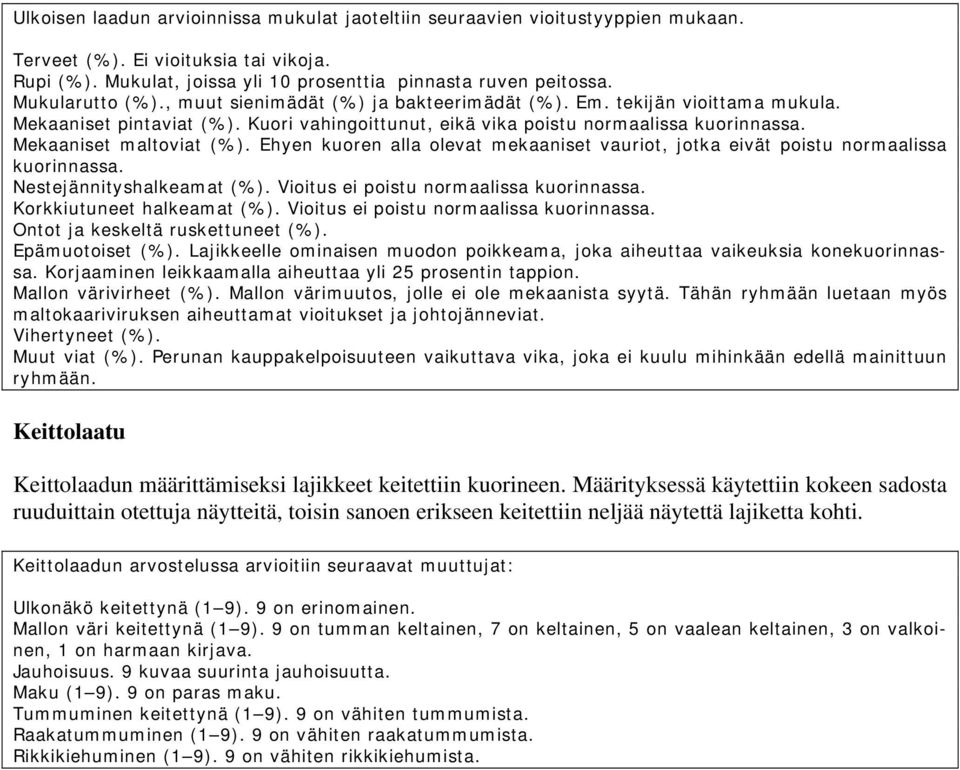 Mekaaniset maltoviat (%). Ehyen kuoren alla olevat mekaaniset vauriot, jotka eivät poistu normaalissa kuorinnassa. Nestejännityshalkeamat (%). Vioitus ei poistu normaalissa kuorinnassa.