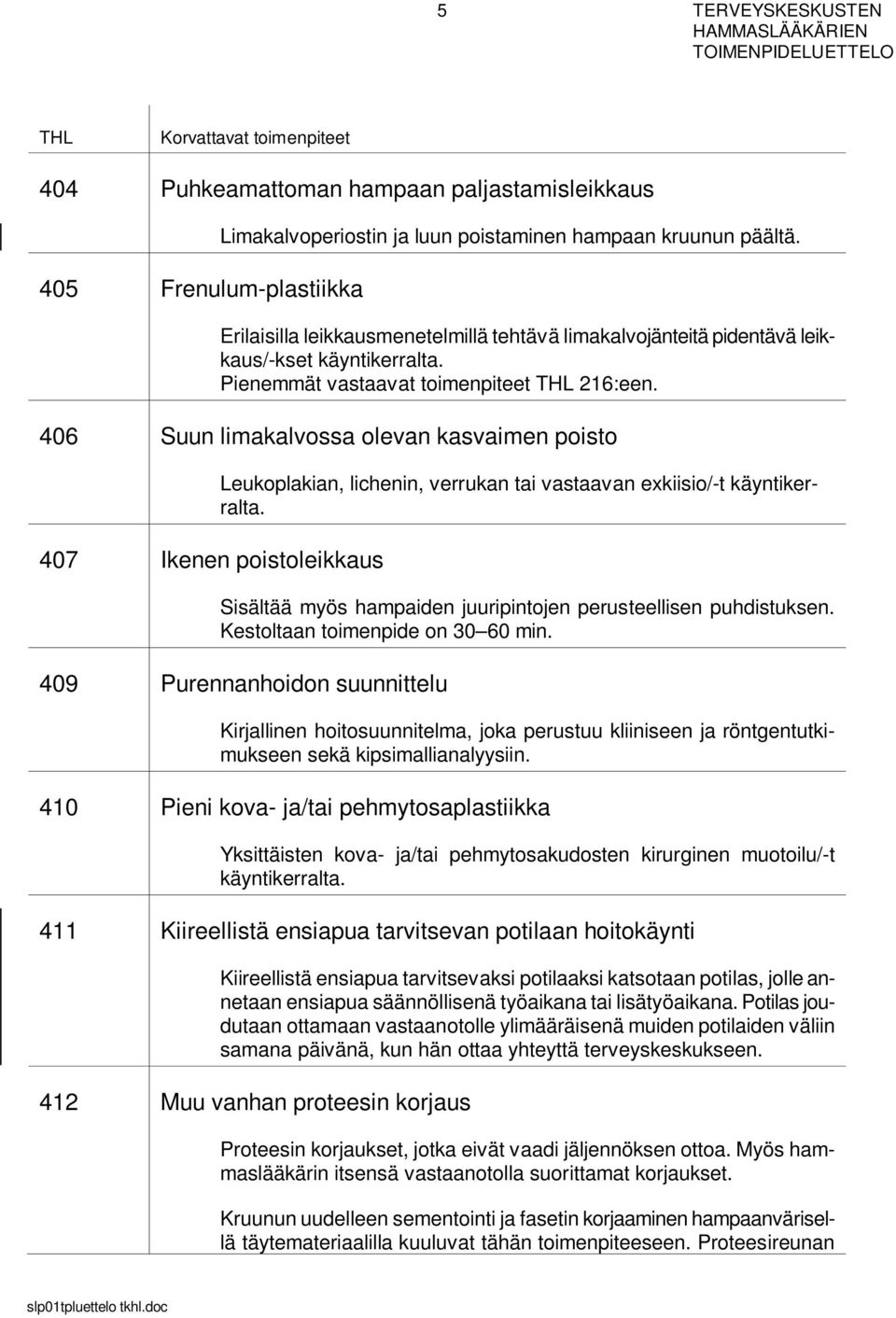 406 Suun limakalvossa olevan kasvaimen poisto 407 Ikenen poistoleikkaus Leukoplakian, lichenin, verrukan tai vastaavan exkiisio/-t käyntikerralta.