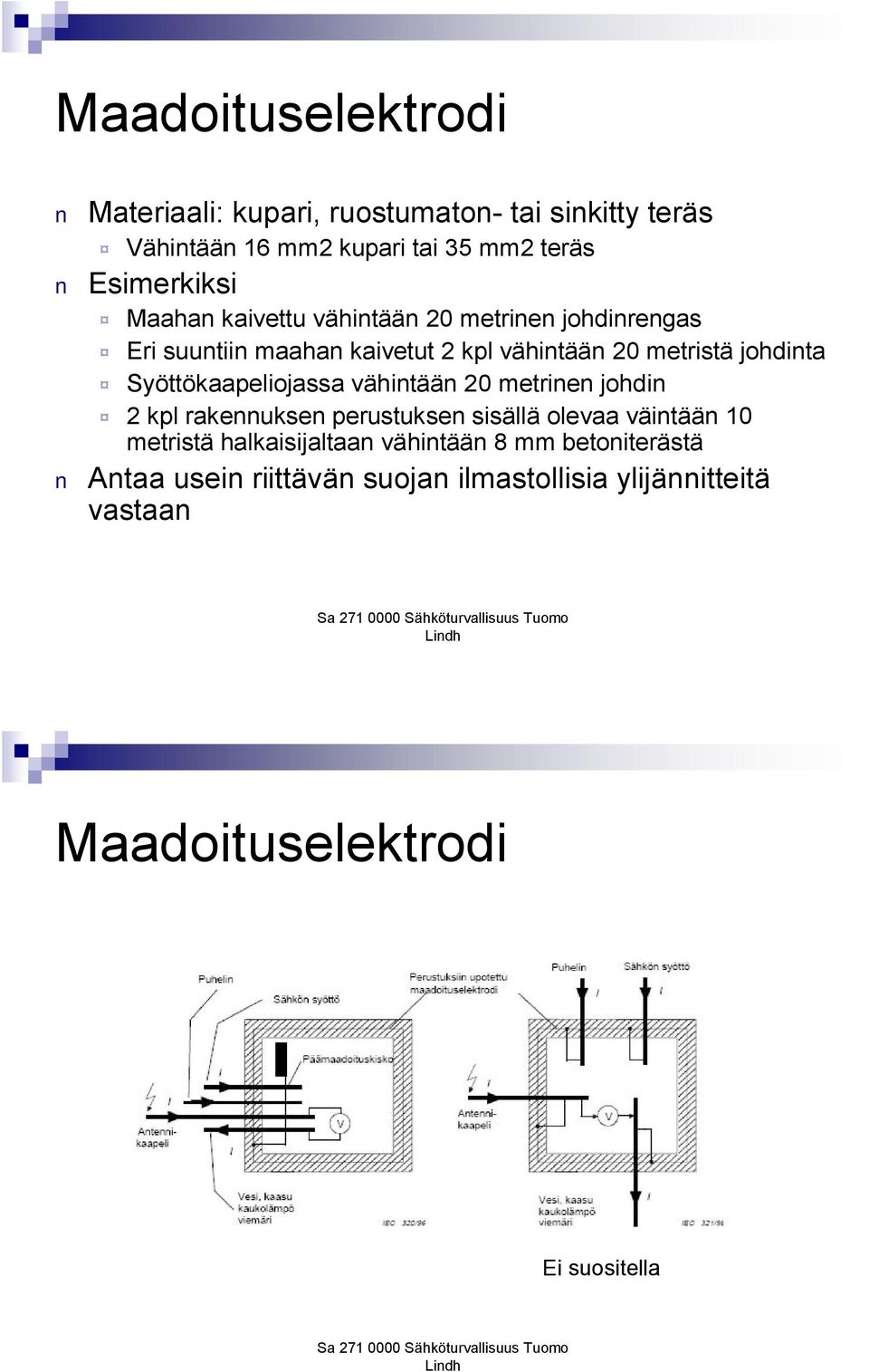 Syöttökaapeliojassa vähintään 20 metrinen johdin 2 kpl rakennuksen perustuksen sisällä olevaa väintään 10 metristä
